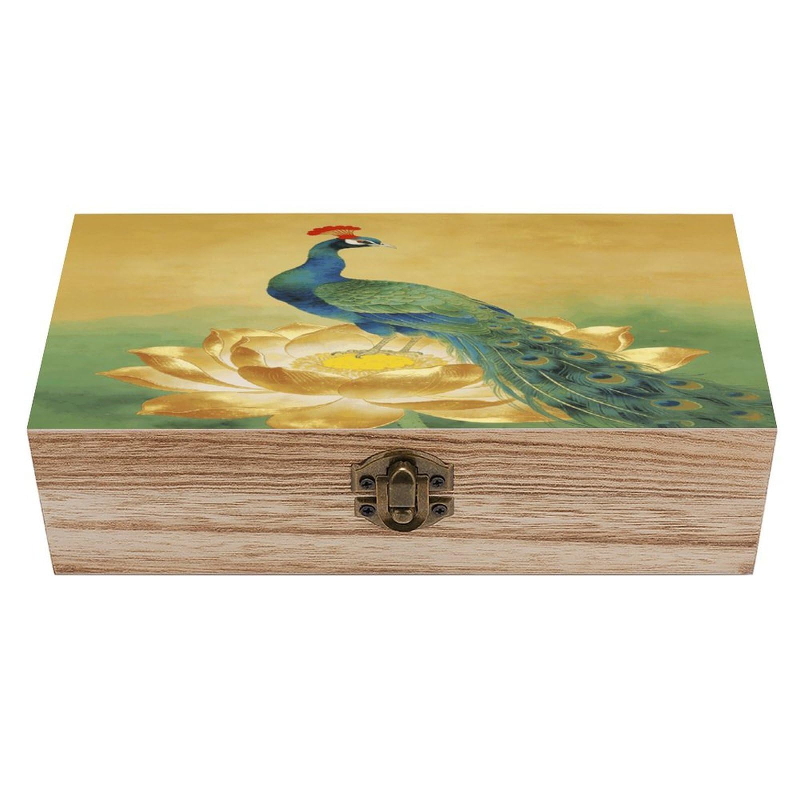 LZQPOEAS Peacock on Golden Lotus Wooden Keepsake Box Wooden Storage Box Container with Hinged Lid Beautiful Wood Memory Box Decorative Jewelry Case for Crafts Art Hobbies & Trinket Storage