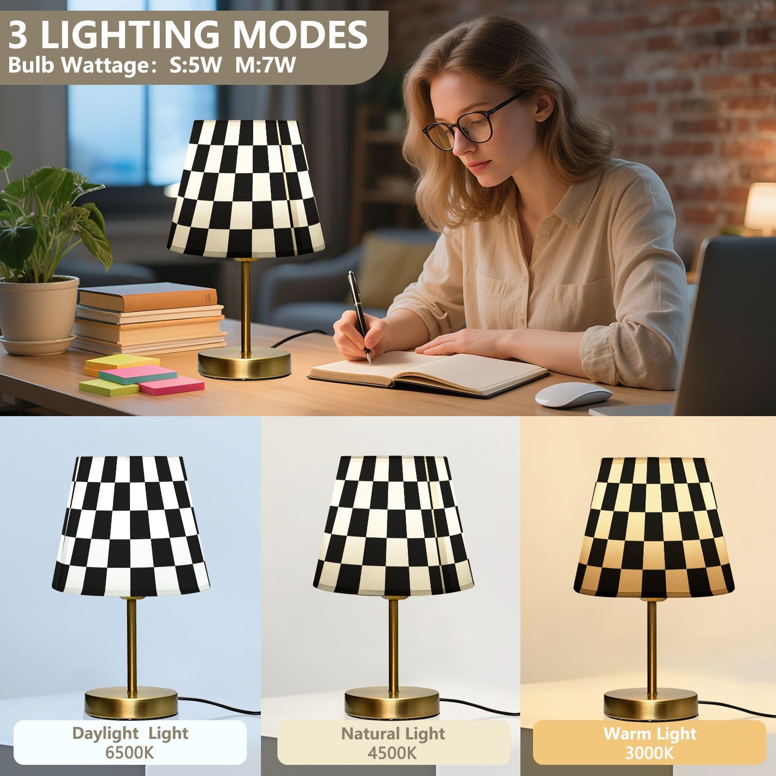 ALAZA Tischlampe für Schlafzimmer Nachttisch Schwarz Weiß Kariert Nachttischlampe mit USB-Anschluss Stoffschirm Dimmbar Schreibtischlampen Bronze Metallsockel Wohnzimmer