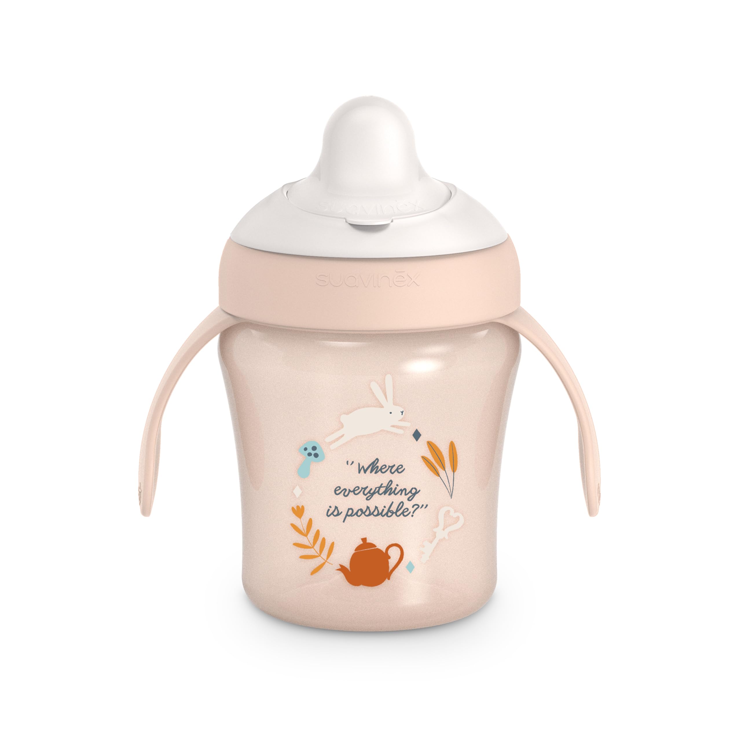 Suavinex, Tasse d'Apprentissage avec Bec Rigide. Gobelet Bébé Anti Fuite avec Couvercle Rabattable et Anses. Passe au Lave-Vaisselle. Trainer Cup 200 ml. Verre Bébé et Enfats +6 Mois. Wonderland Rose