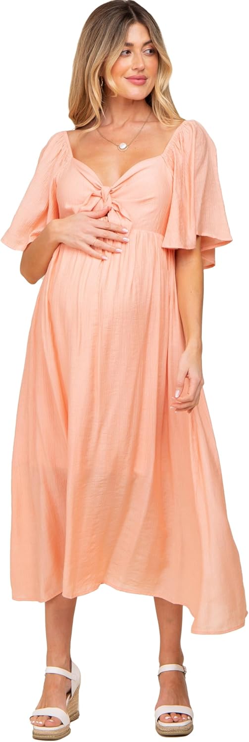 PinkBlush Front Tie Ruffle Sleeve Maternity Midi Dress