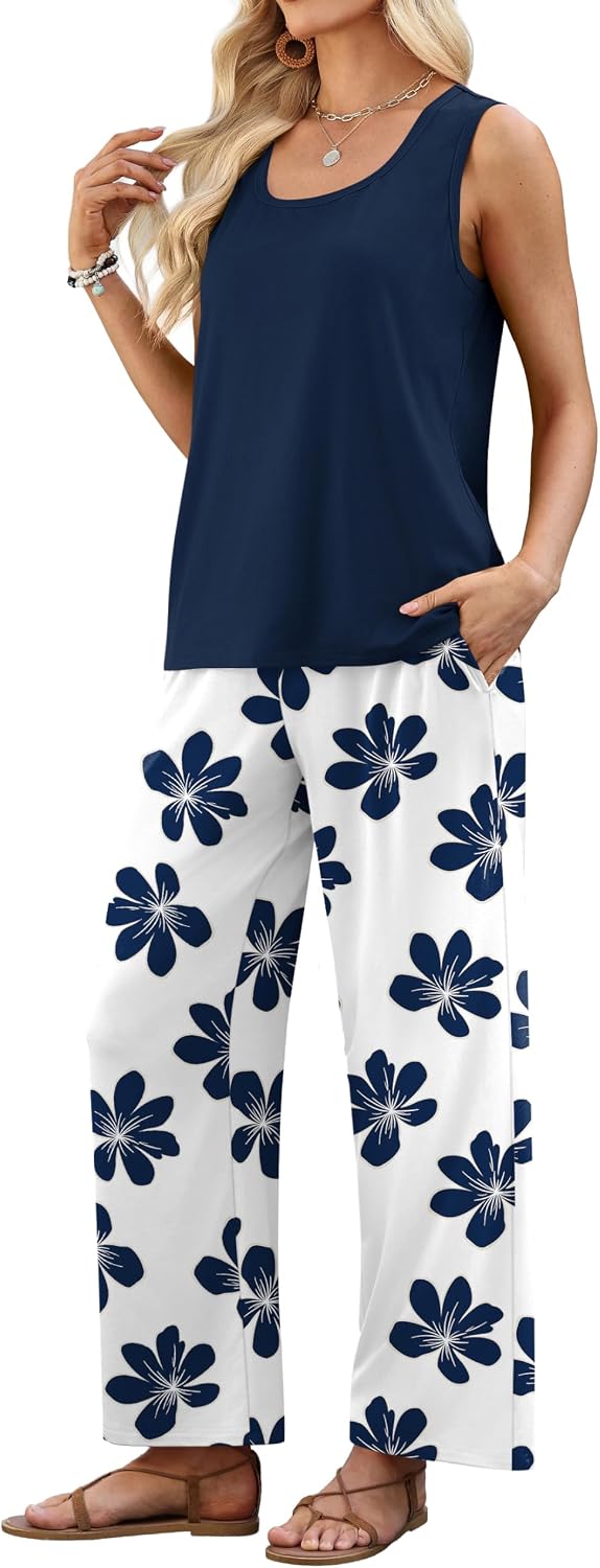 WIHOLL Two Piece Sets for Women Summer Spring Outfits Tank Square Neck Sleeveless Travel Vacation Lounge Wide Leg Pants Set