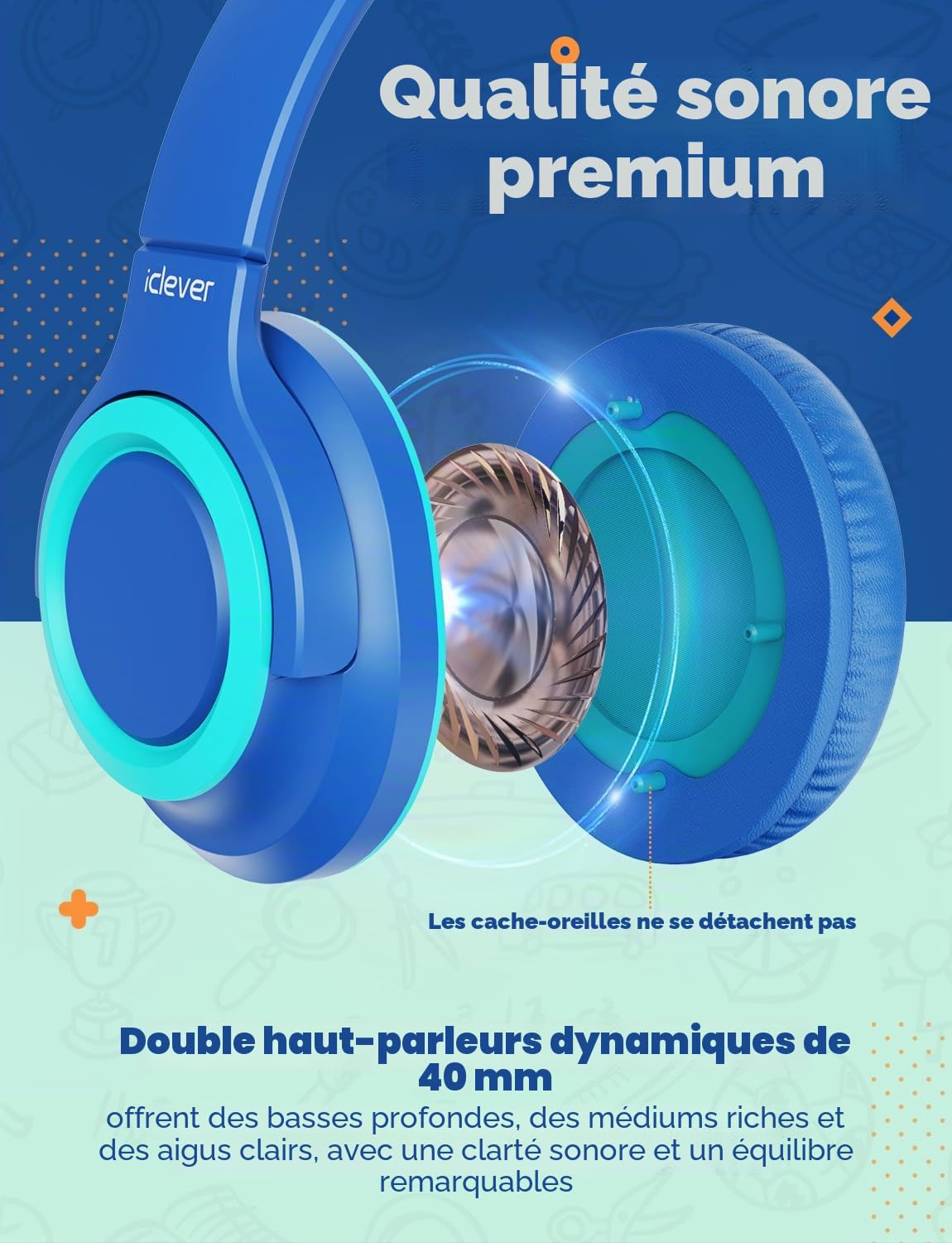 iClever Casque Audio Enfants, Volume Sécurisé Limité 85 dBA – Casque pour Enfant Filaires avec Répartiteur de Partage, écouteurs Stéréo Pliables sans Enchevêtrement pour l'école/Tablette/Voyage