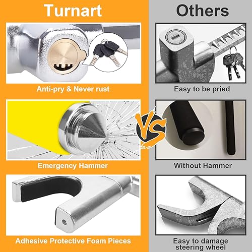 Miniatura 10 de Turnart Cerradura de volante universal para automóvil, dispositivo antirrobo, cerradura de dirección retráctil con 3 llaves para automóvil, camión,