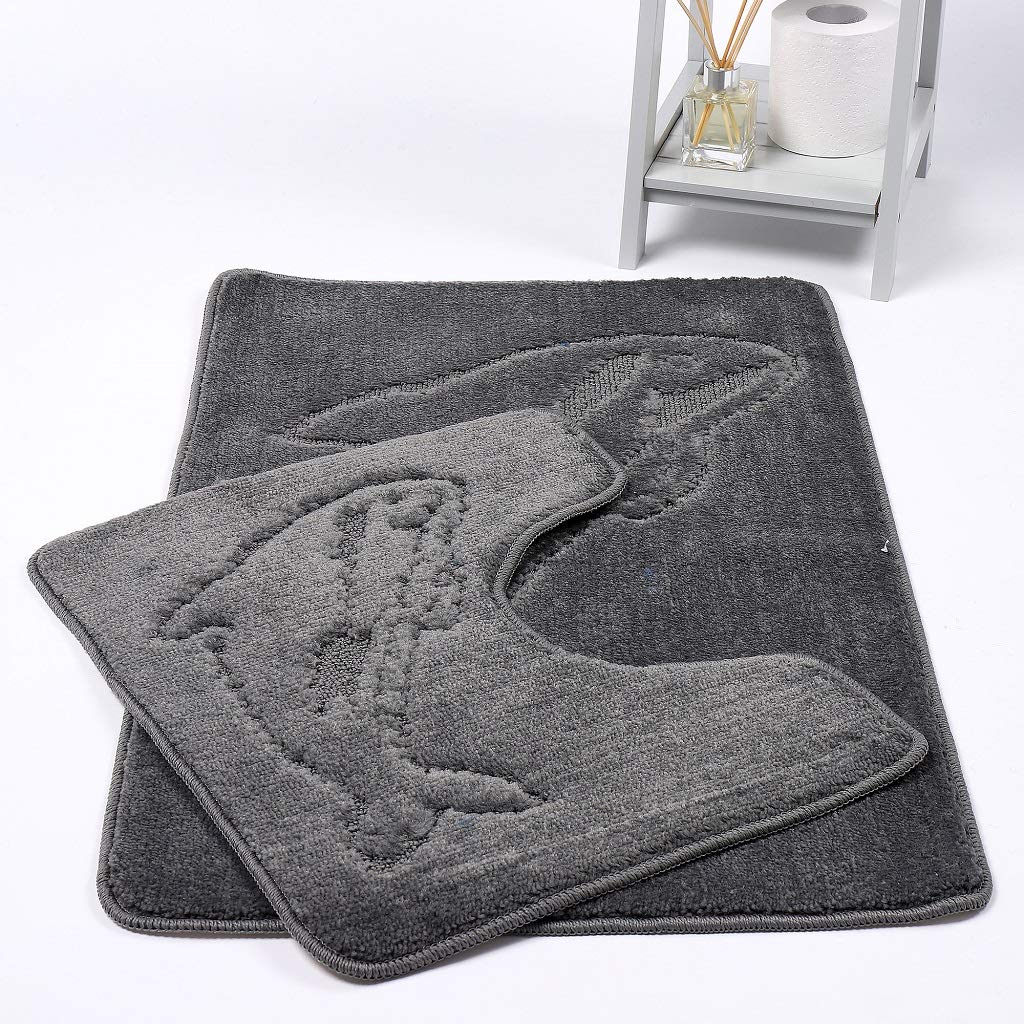 EHD Dolphin Design 2 Piece Bath Mat and Pedestal Mat Sets Non Slip Water Absorbent Bathroom Rugs (Grey)