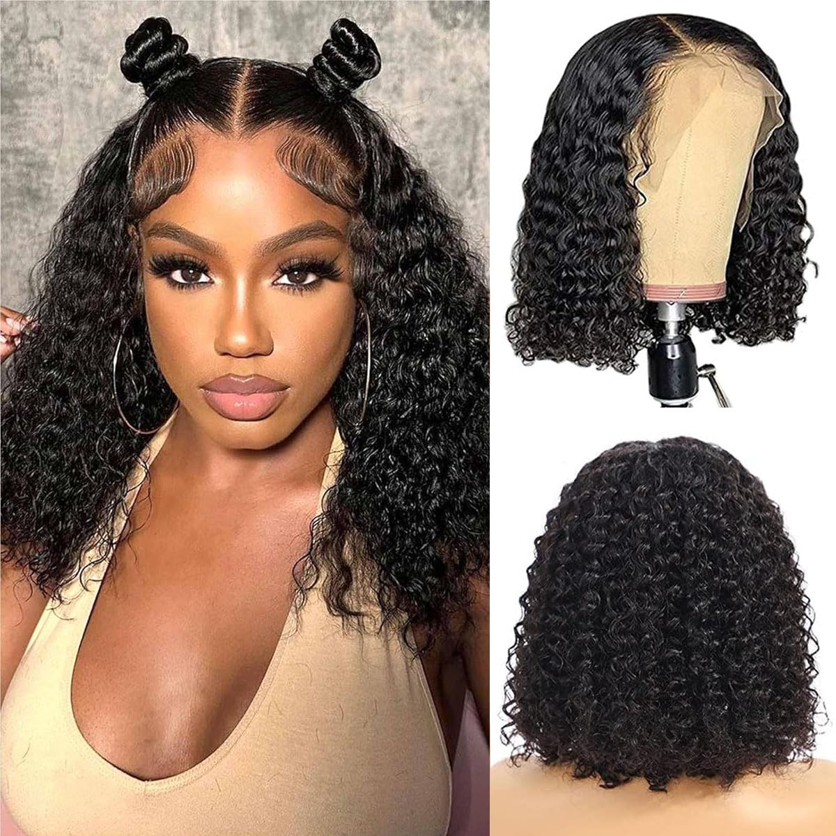 NICMISS Bob Wig Human Hair for Black Women 13x4 Lace Front Human Hair Wigs Deep Curly Bob Brazilian Virgin Pre Plucked Natural Hairline HD Transparent Lace Frontal Wig Natural Colour 16 inch