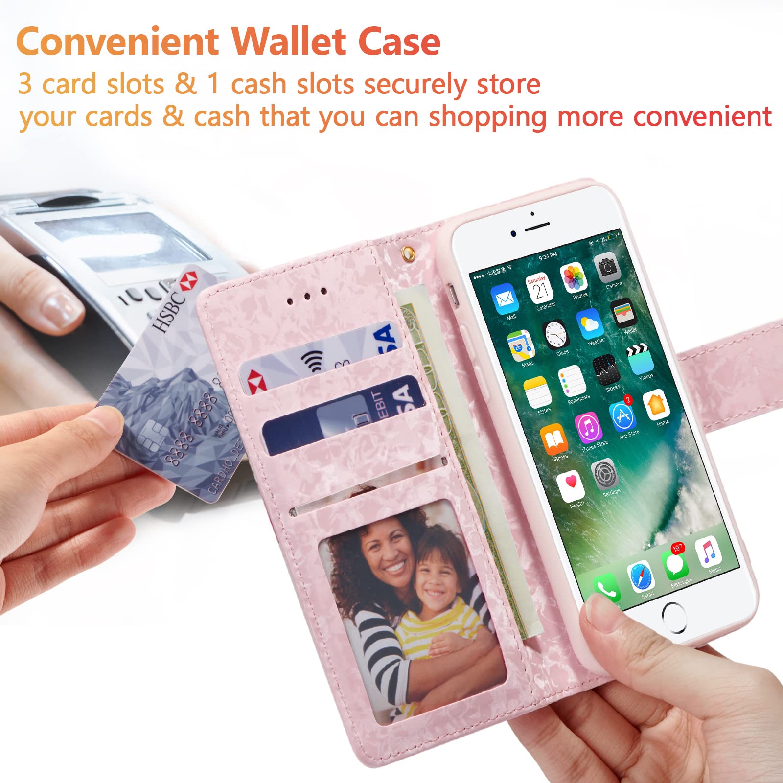 Custodia Portafoglio UEEBAI Per IPhone 7 Plus/8 Plus – Pelle PU Con Blocco RFID, Slot Carte E Supporto, Colore Rosa - 2