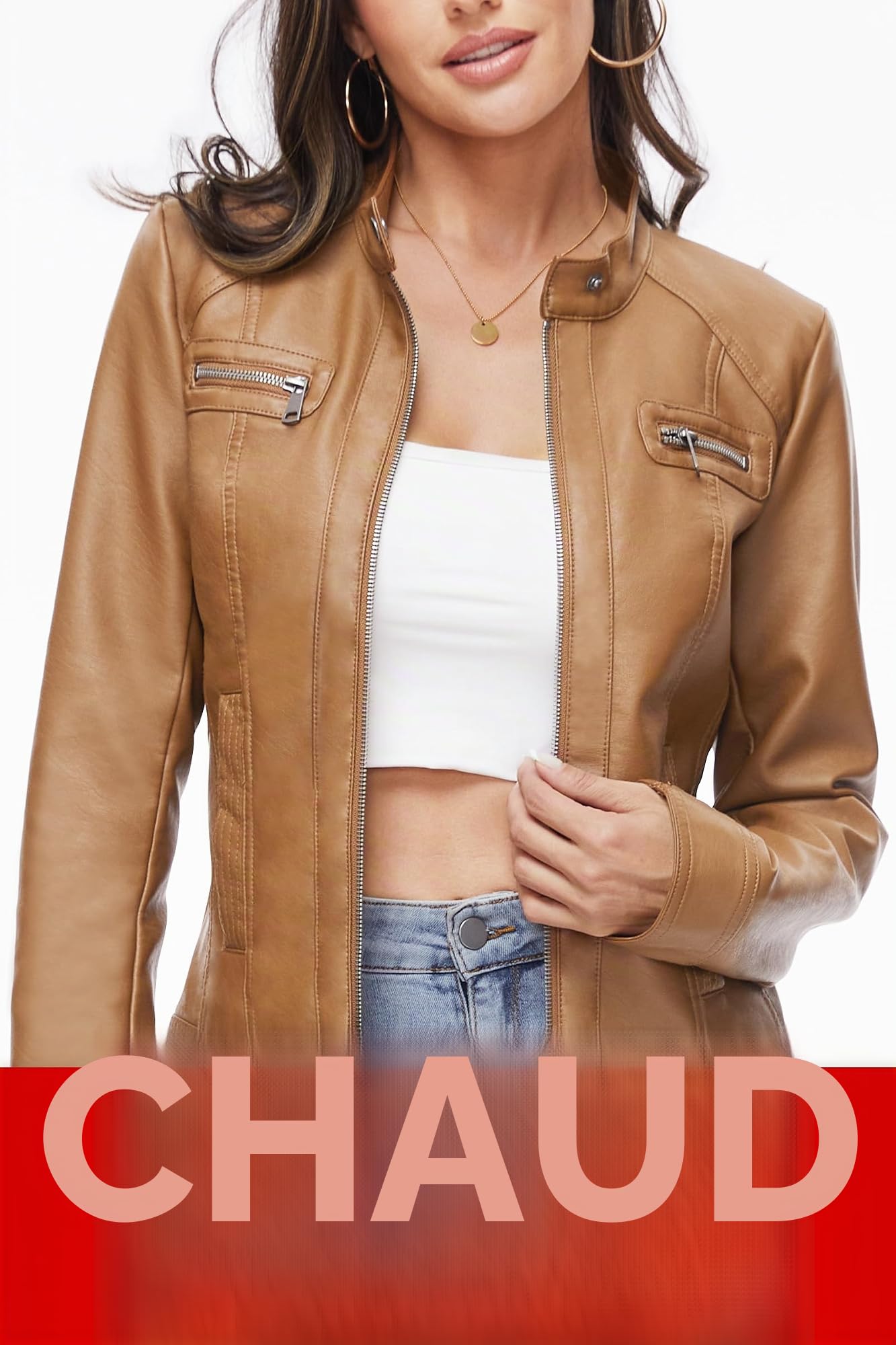 Fahsyee Veste de moto en cuir synthétique avec fermeture éclair pour femme, camel, Large
