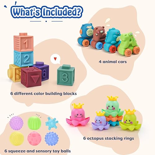 Miniatura 3 de Juguetes 4 en 1 para bebés, incluyen bloques apilables suaves, anillos apilables de pulpos, autos de animales, bolas de juguete sensoriales,