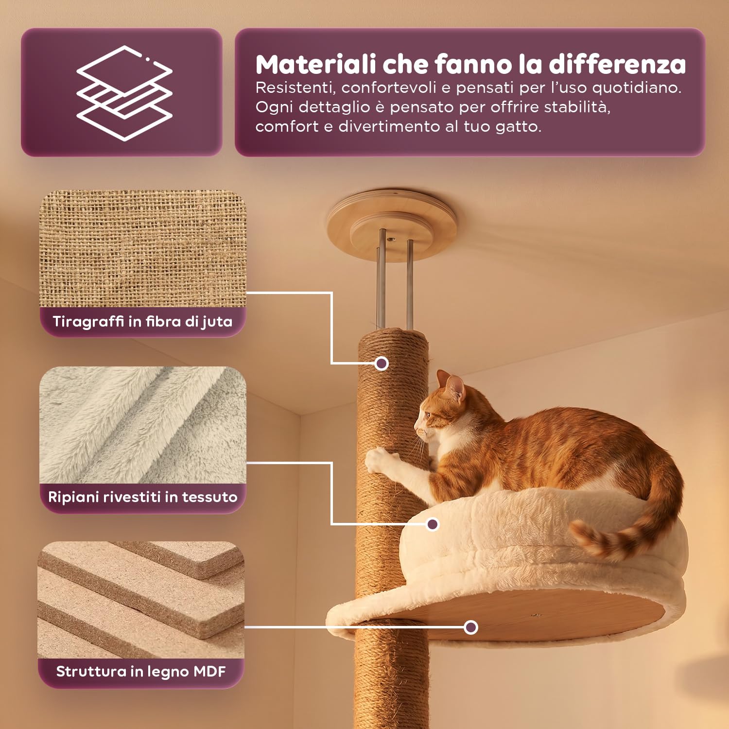 Avilia - Arbre à chat au plafond réglable 260-300 cm – Tour verticale gain de place pour chats avec hamac en dôme et niche – Arbre à chat en bois et jute naturelle – Design colonne