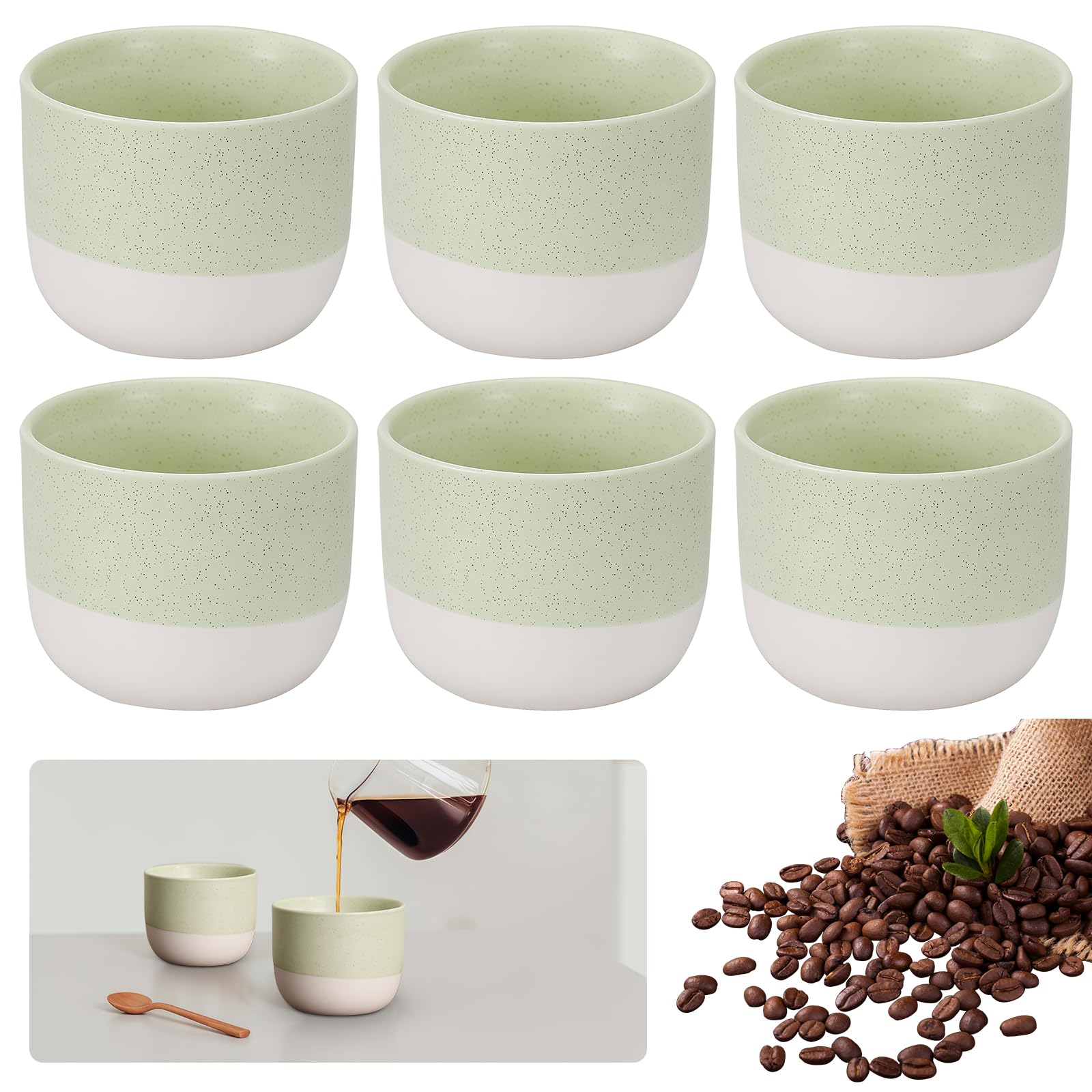 Set di 6 tazze da tè verde chiaro con gradiente, 150 ml, in ceramica, senza manico, tazze da caffè a doppia parete, tazze smaltate