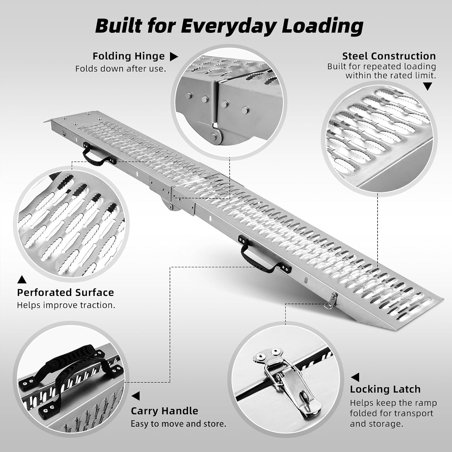 Folding Motorcycle Loading Ramp for Pickup Truck & Trailer, 485 lb Steel Ramp with 2 Dual-Hook Ratchet Straps, Carry Handle and Locking Latch, Dirt Bike Ramp, 72.7" x 8.9", 1 Pack