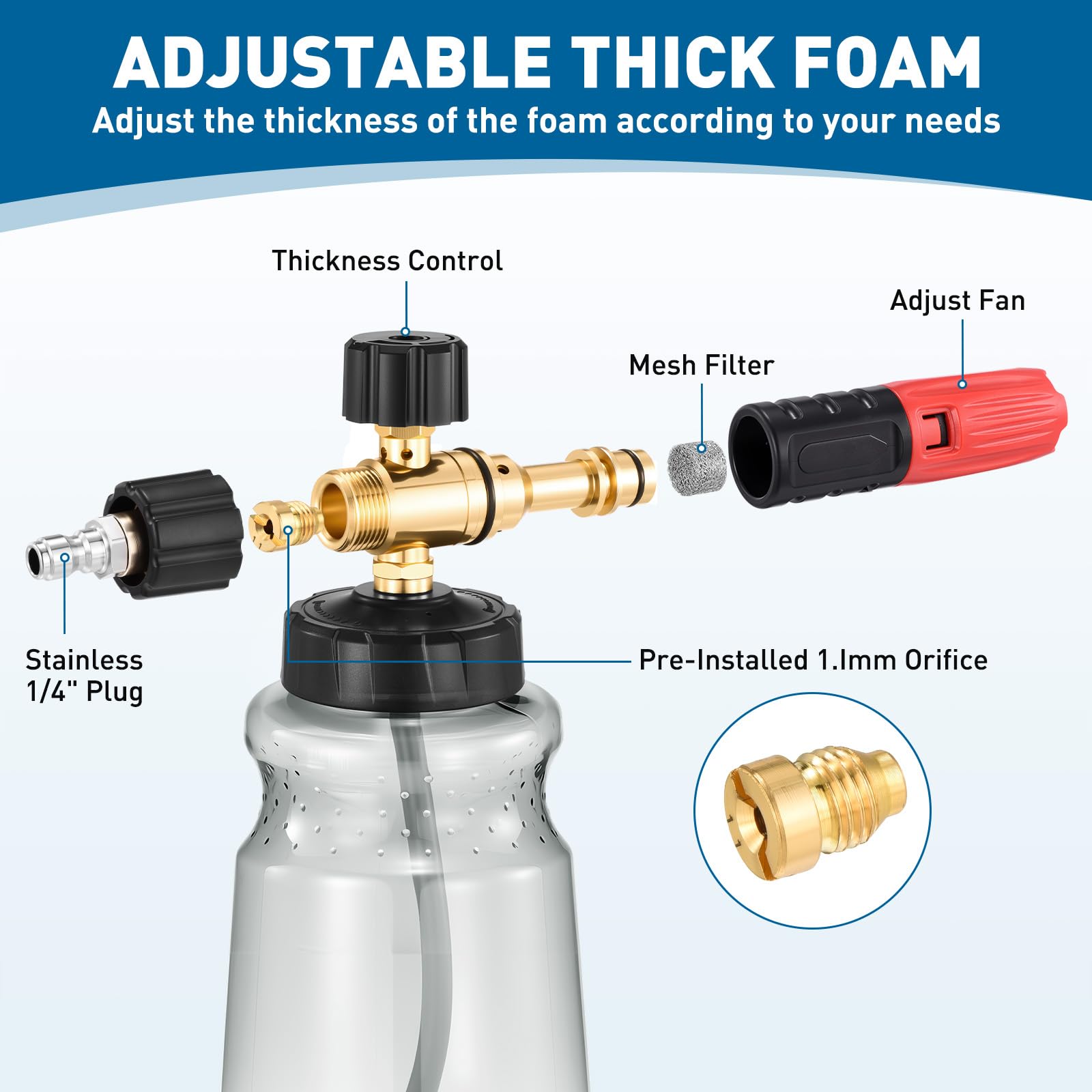 Lata de espuma para lavadora a presión, dispensador de jabón de espuma gruesa de 1 litro para lavado de automóviles con espuma gruesa ajustable con conector rápido de 1/4 pulgadas, malla