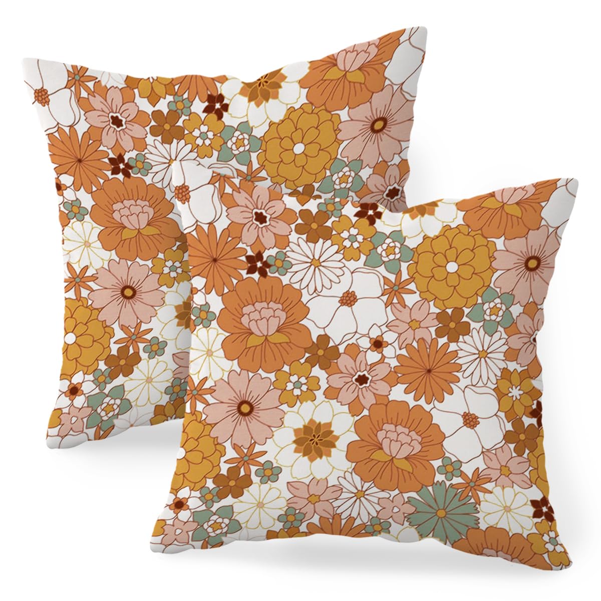 HONLUNG Retro Flowers Pillow Covers, Groovy Flowers Pillow Case 18x18 Inch Set of 2. Decor for Home Bedroom Living Room.