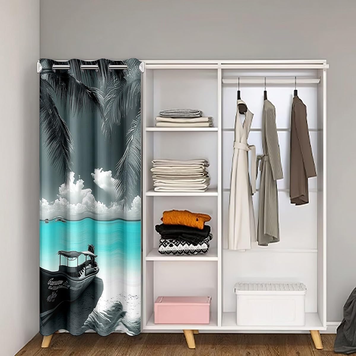 Wooden Boat Door Curtain Blue Ocean Summer Beach Blackout Curtain for Closet Door Coconut Tree All Season Blackout Curtain Hawaiian Holiday Door Drape 60" W X 80" L