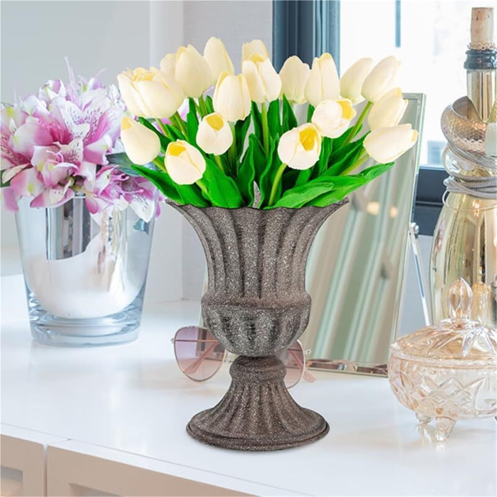 Grazioso Vaso in metallo stile rustico Centrotavola for matrimonio a tromba Decorazione da tavolo Decorazioni per mensole(Golden)