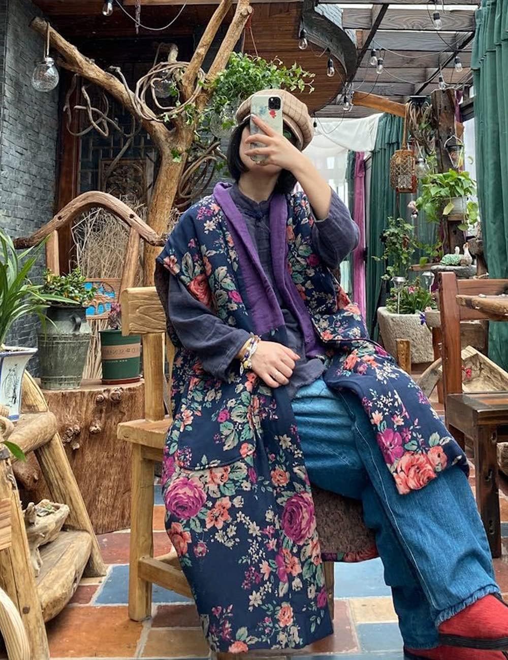 LUZU JUNU Women Fall Spring Sleeveless Vests Cotton Print Floral Long Vests Chinese Vintage Patchwork Waistcoat