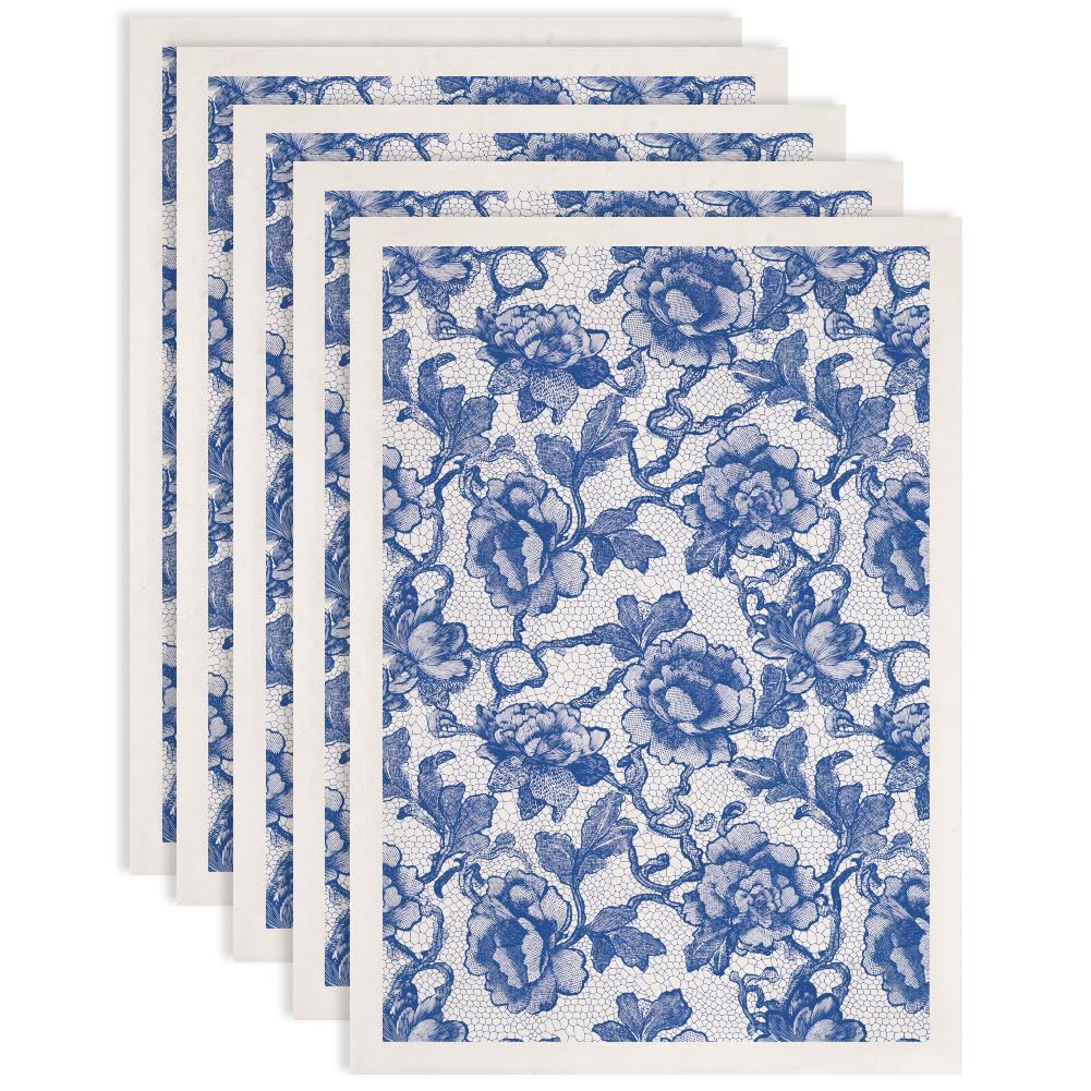 SUPERDANT 5PCS Lace Flowers Underglaze Transfers for Pottery Peony Flower Clay Transfer Paper Blue Ceramic Decals Transfer Stickers for Pottery DIY Handicraft Supplies