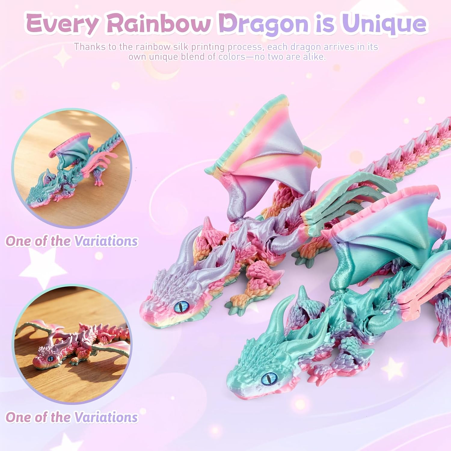 Yipintang 3D Printed Dragon with Wings, Vibrant Rainbow | Flexible Articulated, Crystal Dragon Model, Desktop Decor, Fidget Collectible