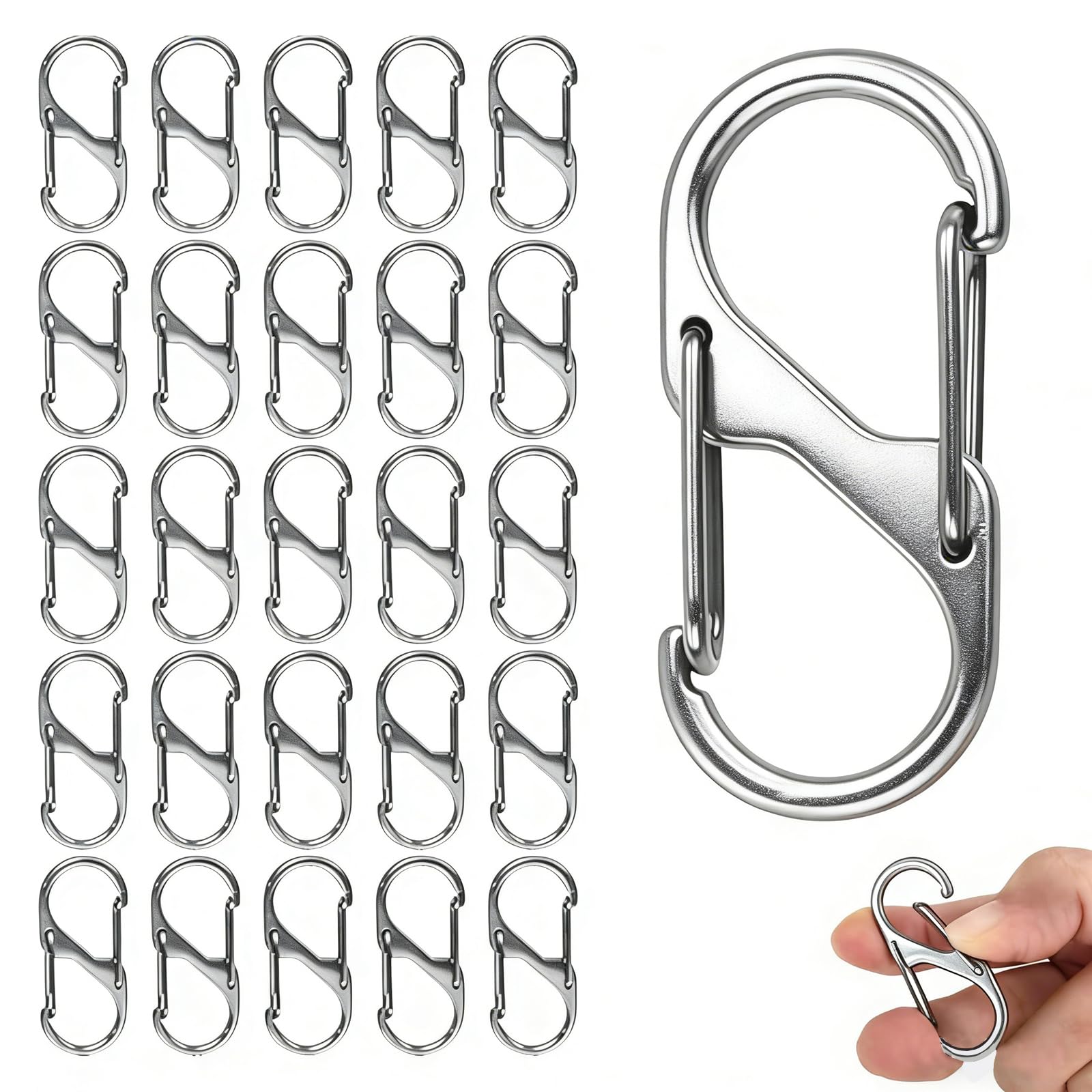 50 PCS S Carabiner Key Chain, S Ring Opening Keychain Clip Ring Locking, Small Dual Spring Opening Keychain Clip 3cm/4cm/5cm, S Carabiner Clips for Outdoor Hiking, Fishing, Camping (Silver, 5cm)