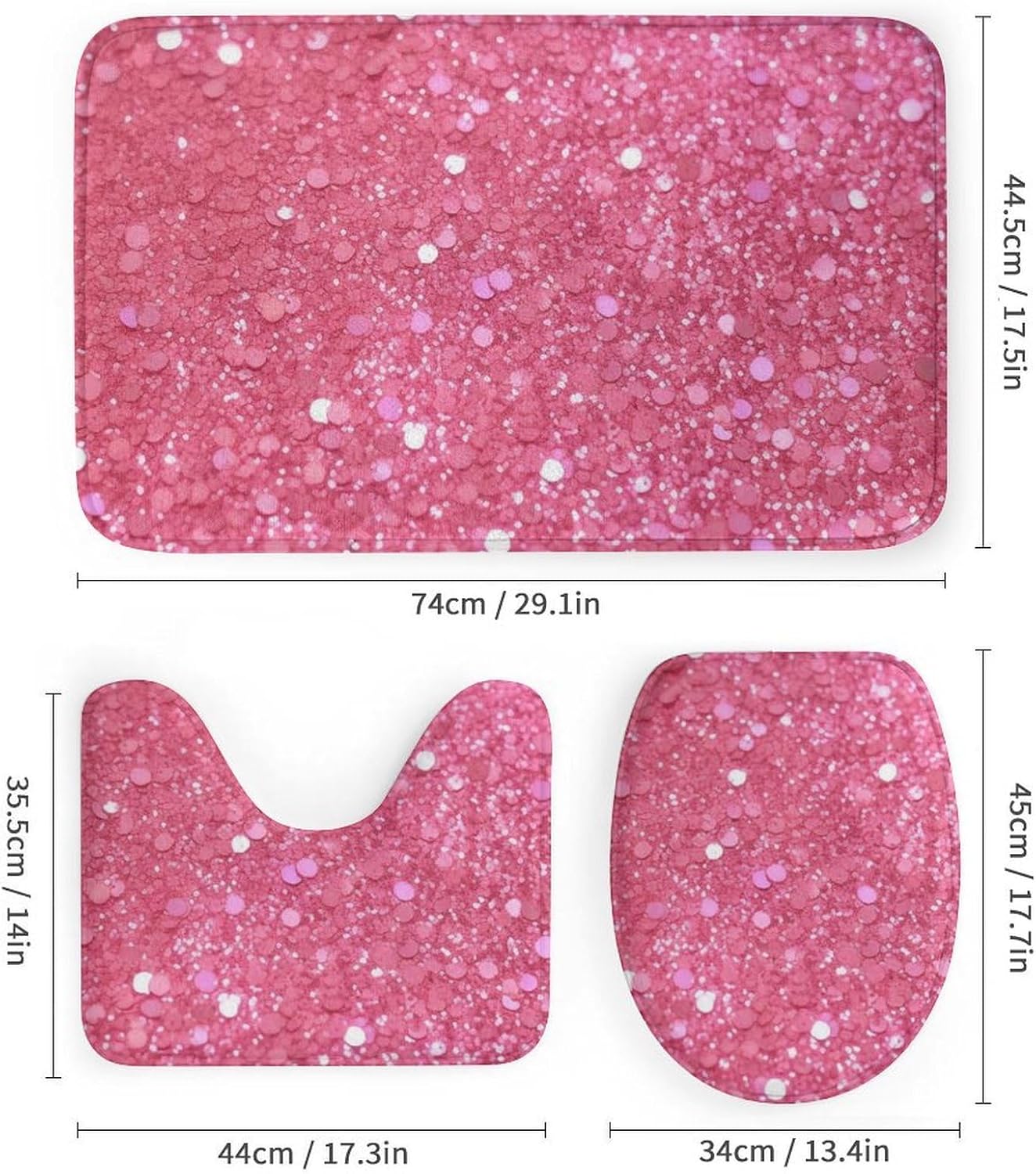 Sparkling Pink Glitter Shower Curtain Set 4 Piece, Non-Slip Bath Mat with Toilet Lid Cover and Waterproof Shower Curtain with 12 Hooks, Complete Bathroom Set for Home Decor