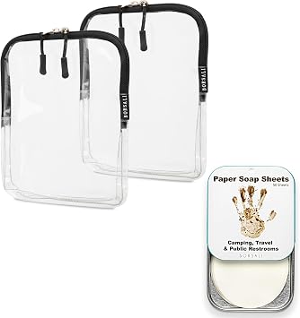 BORSALI Two TSA Approved Toiletry & Cosmetic Bags & Paper Soap Case with 50 Sheets