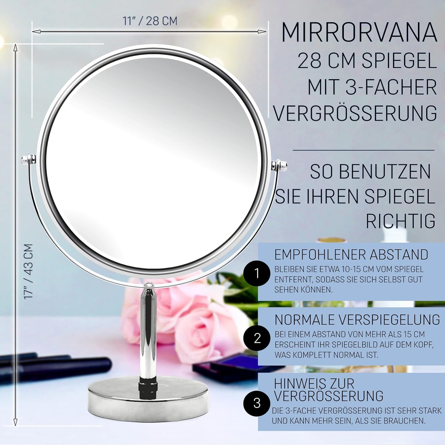 MIRRORVANA XXL Schminkspiegel rund, doppelseitig 3x/1x Vergrößerung, 28 cm | Doppelseitiger Kosmetikspiegel mit 3X & 1X Vergrößerung für präzises Make-up und klare Details im Bad und am Schminktisch