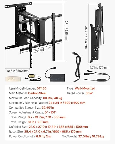 Miniatura 7 de VEVOR Motorized TV Wall Mount, TV Mount for 32 to 65 Inch TV, Electric Adjustable Ceiling TV Mount, Motorized Flip Down TV Mount Bracket with Max