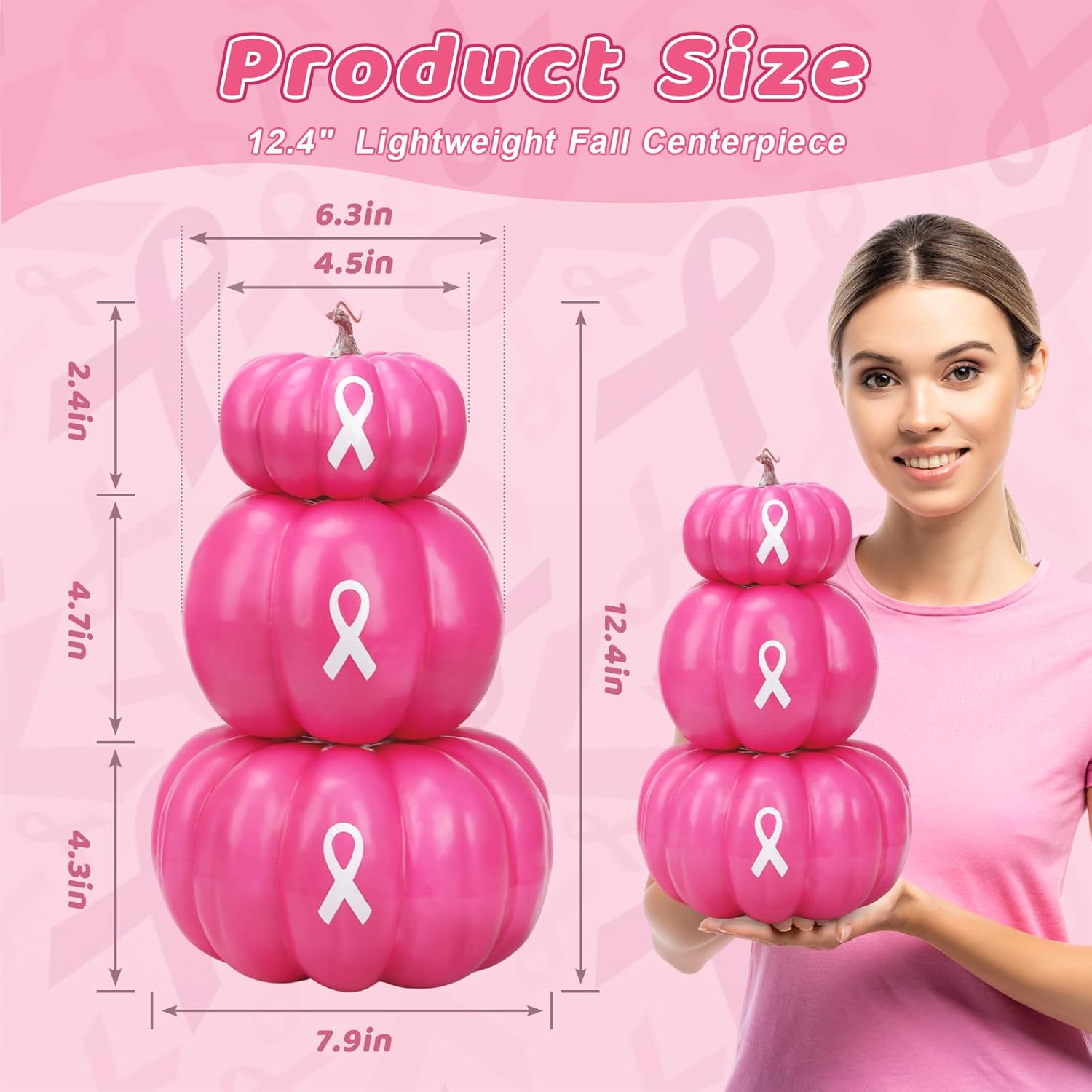 Breast Cancer Awareness Decoration 3-Tier Stacked Pink Pumpkin Tower with Pink Ribbon Pattern Artificial Faux Foam Pumpkin for Fall Halloween Table Centerpiece Breast Cancer October Party Decor Hot Pink