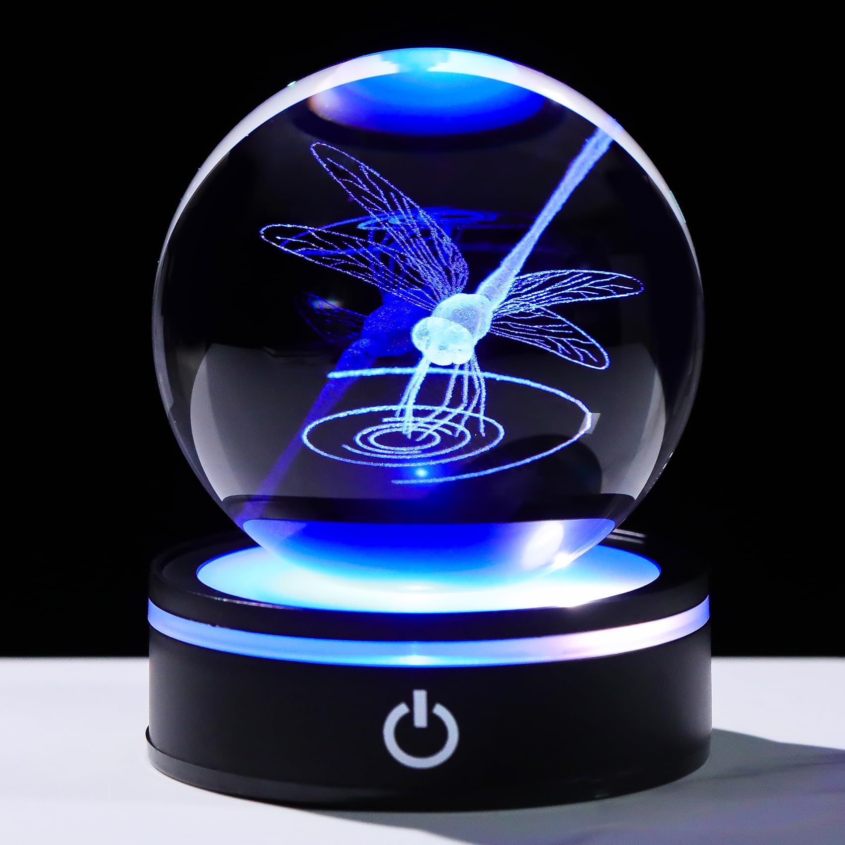 YWHL Crystal Ball 3D Dragonfly Figurine with LED Base, Dragonfly Gifts for Men Women on Christmas Birthday, Glass Animals Insect Sphere Decorative Ball for Home Decor (80mm)