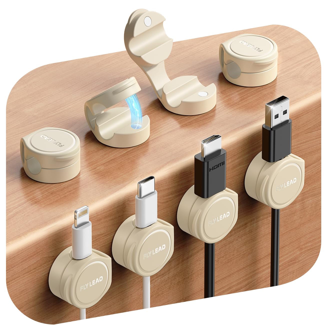 FLYLEAD 8 Stück Silikon Kabelhalter Magnetische Kabelclips Selbstklebende Kabelmanagement Schreibtisch Organizer für Nachttisch, Ladekabel, HDMI, USB, Audiokabel, Cremefarben