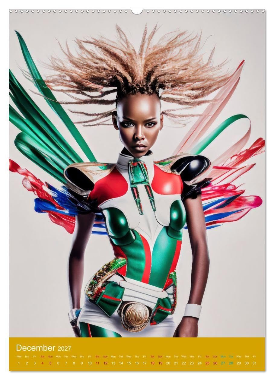 African beauties in a feather style (High Quality Premium Wall Calendar 2027 DIN A2 portrait),CALVENDO 12 Month Wall Calendar: Unique art design of African beauties in feathers