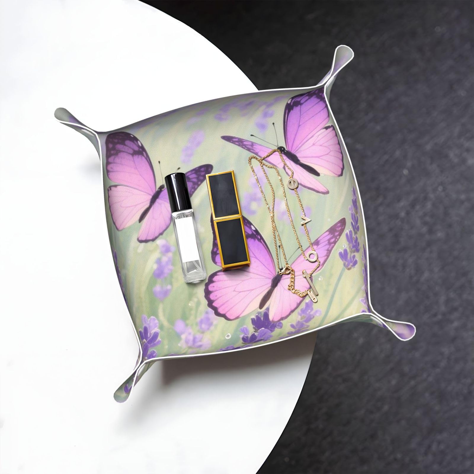 Butterfly Valet Tray Organizer Pu Leather Travel Catchall Tray Organizer Portable Jewelry Tray Storage Keys Tray for Entryway Table Coins Watches Candy