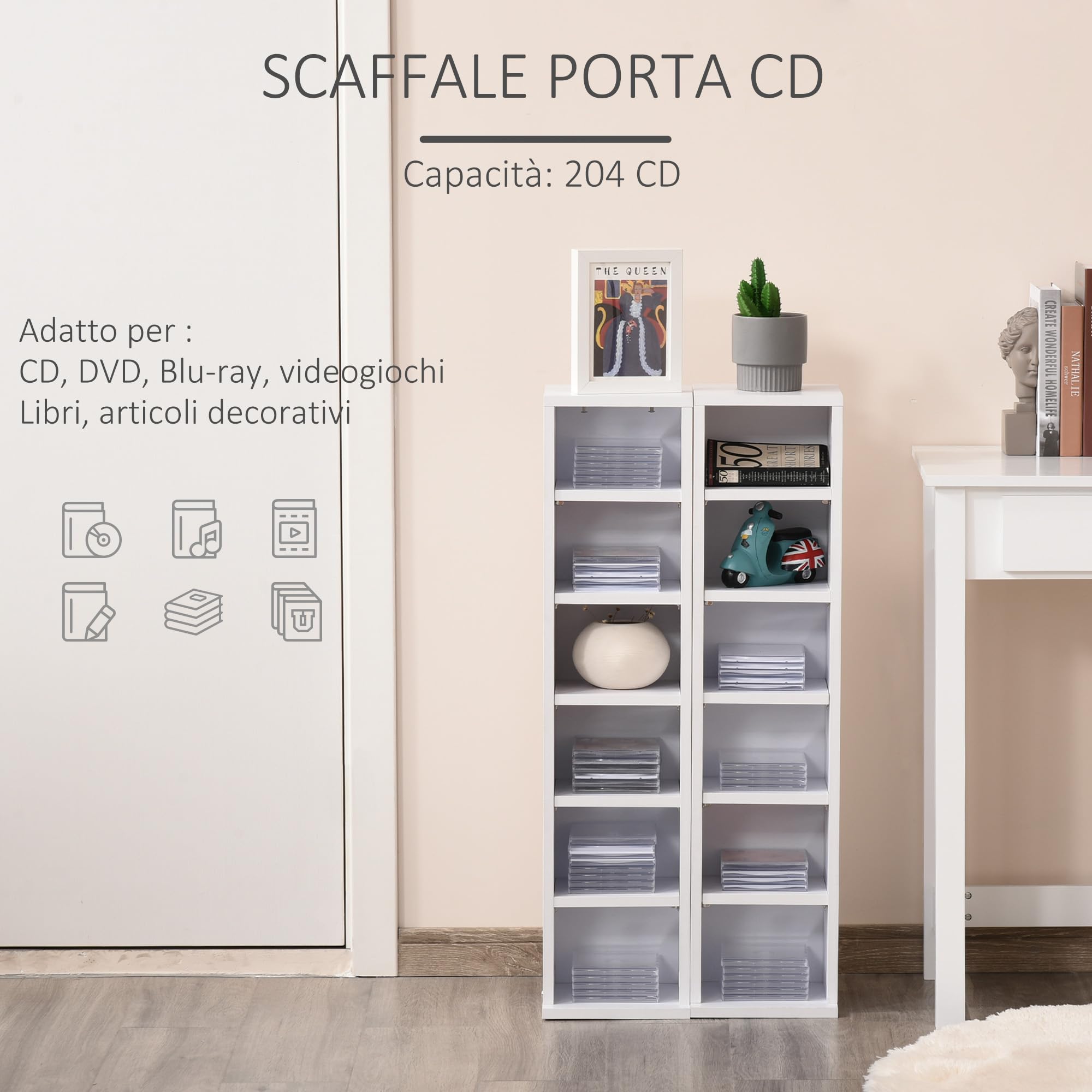 HOMCOM Set 2 Pezzi Scaffali a Colonna Porta CD e DVD a 12 Ripiani Regolabili per 204 CD, Mobile Libreria Alto Salvaspazio in Legno per Camera, Soggiorno e Ufficio, 21x22.5x88.5 cm, Bianco