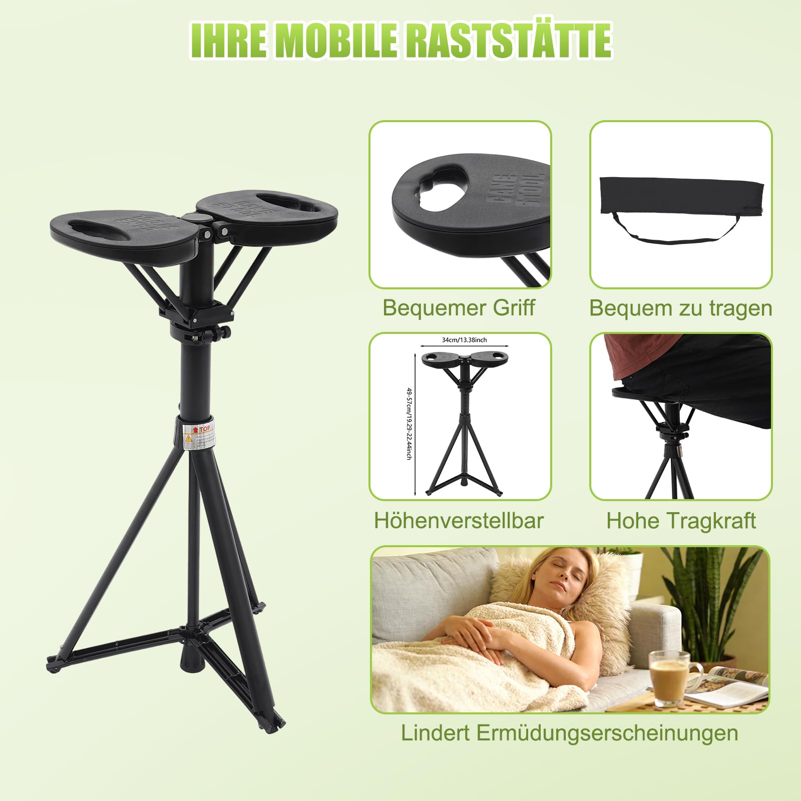 Gehstock mit Sitz, Tragbarer Gehstock Klappbar mit Tragetasche,Sitzstock für Erwachsene und Senioren Maximale Belastung 150 kg für Outdoor-Reisen