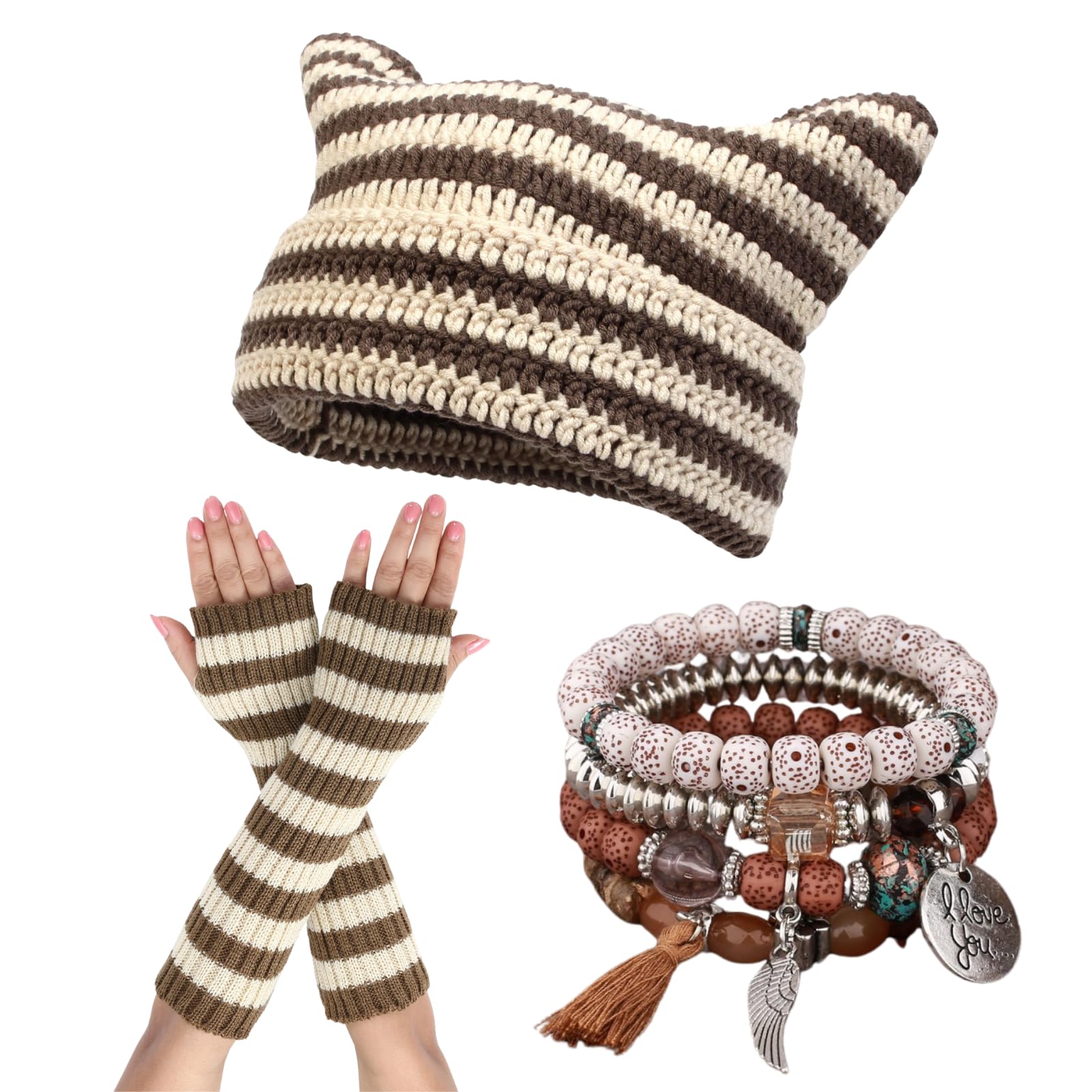 yolrdiwTherian Stuff Emo Grunge Fingerless Gloves Cute Cat Ears Hat Fairycore Stackable Bracelets