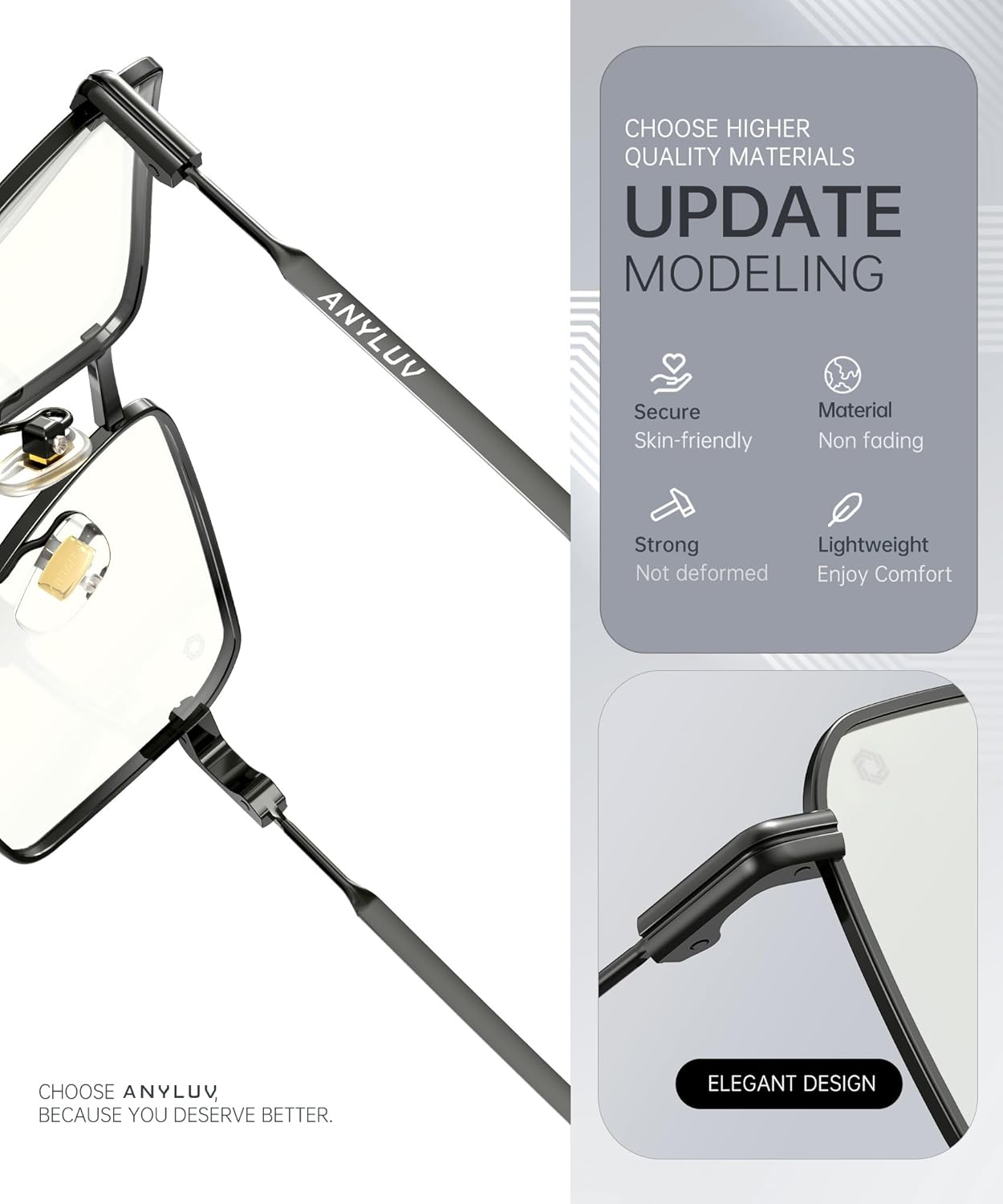 ANYLUV Rectangle Blue Light Glasses, Classic Business Style Computer Glasses, Lightweight Metal Eyeglasses for Anti Eyestrain - Image 3