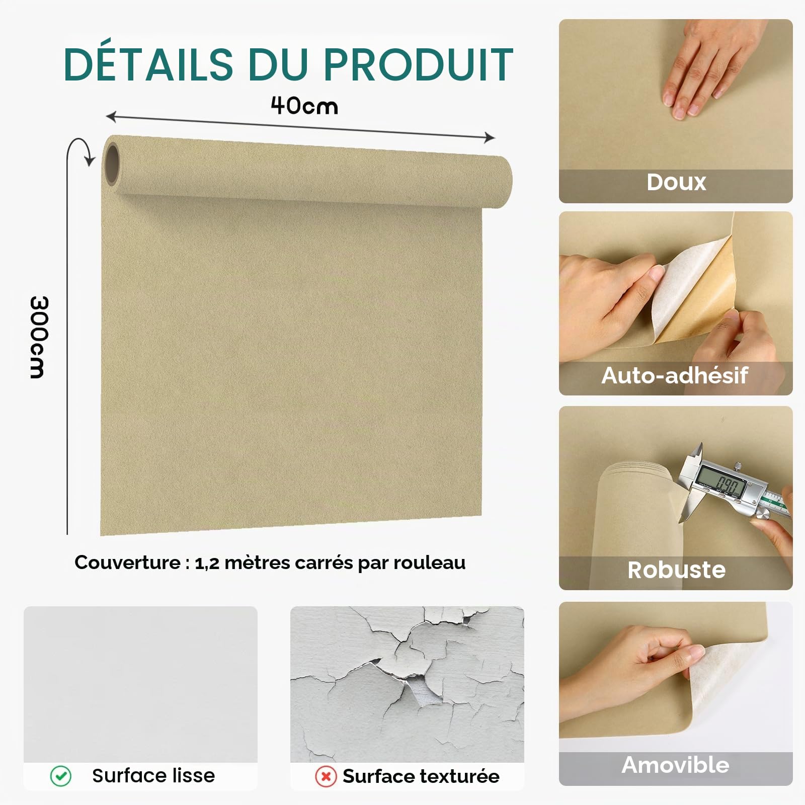 VEELIKE Papier Peint Velours Beige Adhesif pour Meuble Papiers Peints Tissu Velours Doux 40cm x 300cm Papier Peint Adhesif Mural Chambre Papiers Peints Decoratifs Boîte à Bijoux Placard Tiroir