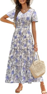 Womens 2025 Long Summer Dress Short Flutter Sleeve V Neck Casual Smocked Tiered Modest Floral Boho Maxi Dress