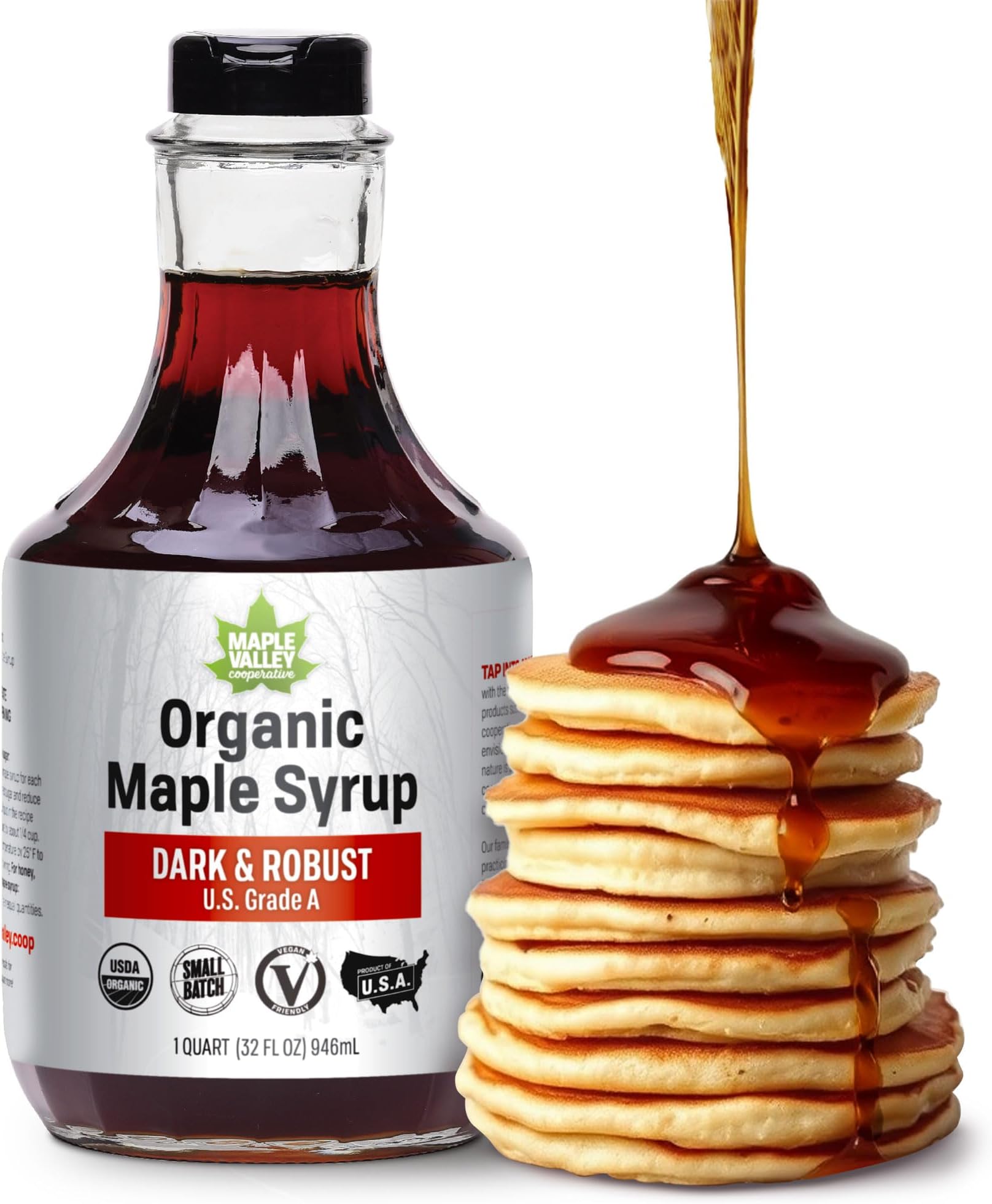 Maple Valley Cooperative 32 oz. Organic Syrup - Grade A Dark & Robust in Glass Decanter