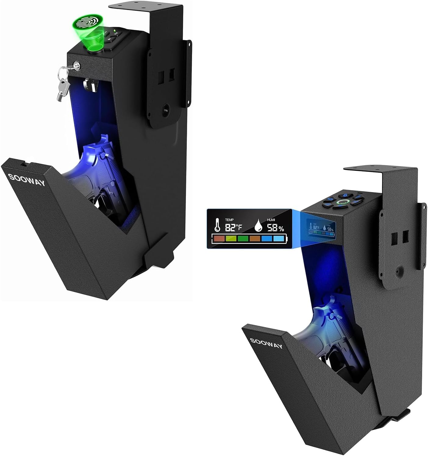 Gun Safe, Mounted Biometric Pistol Safe Drop Down Gun Lock Box for Handgun with 3 Ways Quick Access Bedside Pistol Case for Nightstand, Desk, Wall, Dresser