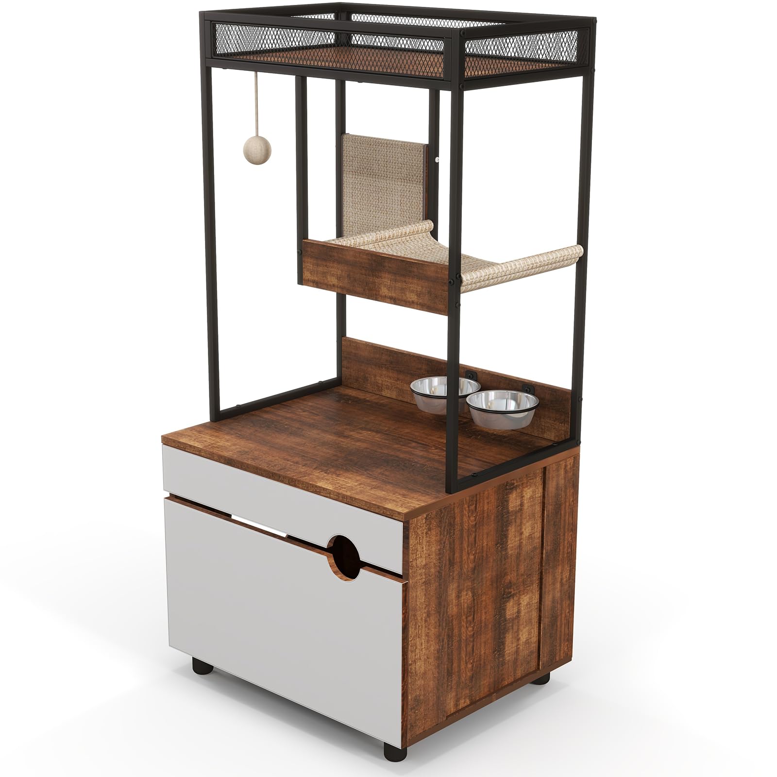 Cat Litter Box Enclosure with Shelve and Scratching Pad, Hidden Litter Box Furniture Pet Cabinet with Cat Feeding Station, 48.4 Inch Wooden Kitty Washroom Furniture