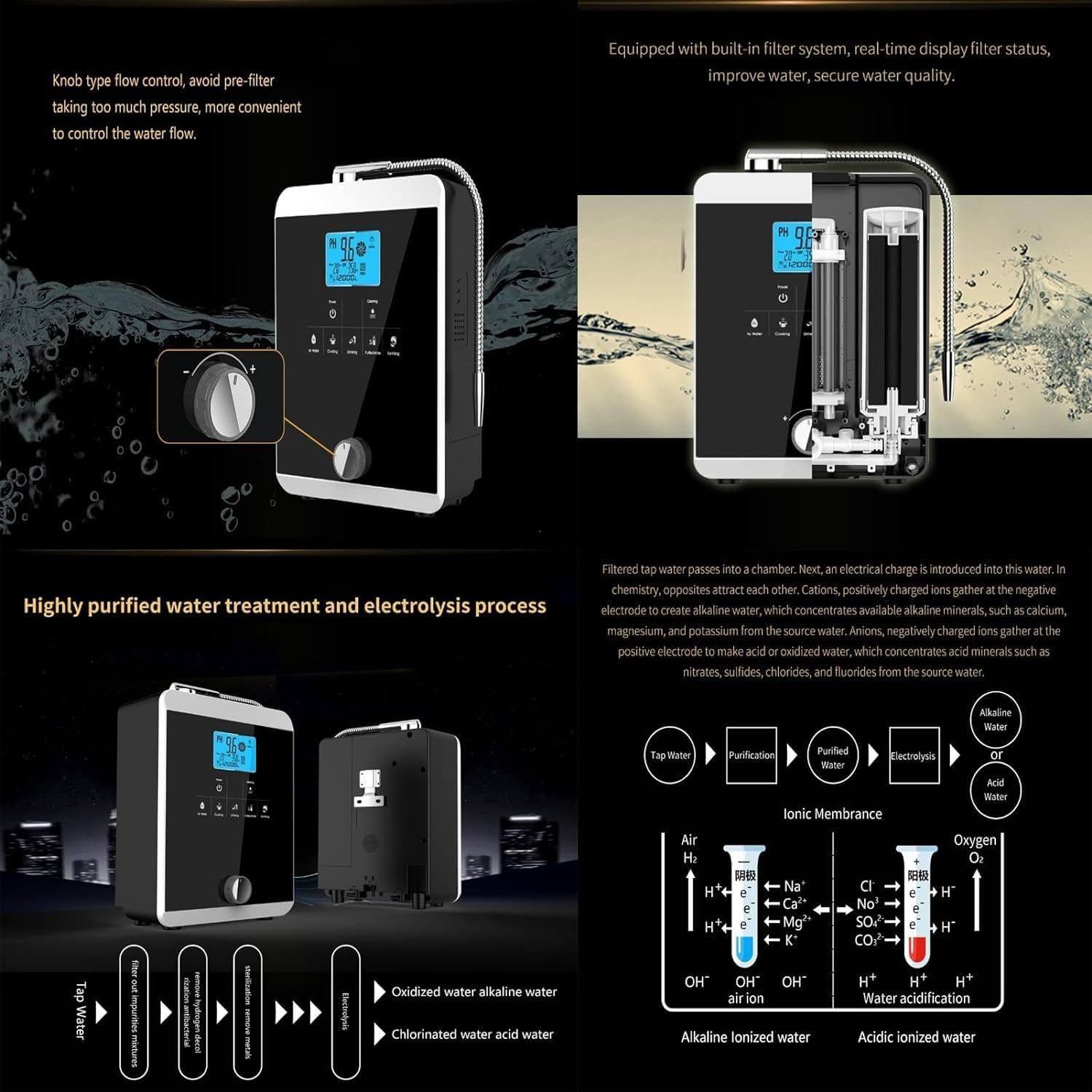 Generador de agua con hidrógeno de 2000 W, máquina ionizadora de agua, pH 3-11, ORP de 500 mV-800 mV, limpieza automática, filtro de agua con pantalla táctil LCD,Black-B