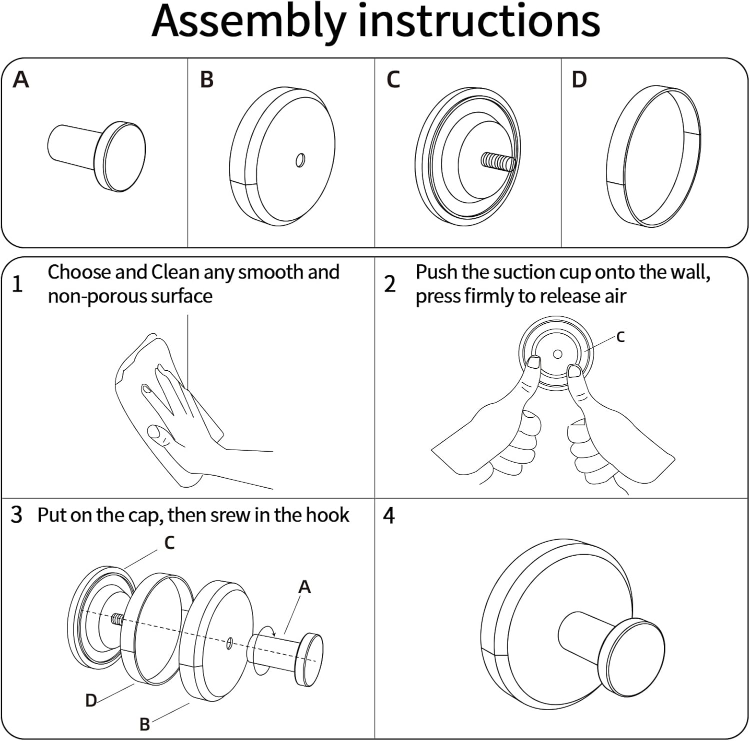 Suction Cup Hooks for Shower, Bathroom, Hanging Towels, Robe, Loofah, Mounting on Glass Shower Doors, Tile, Mirrors, Black, Rubber Suction Cup, 2 Pack