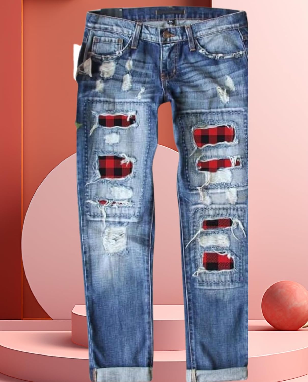 Women's Skinny Ripped Jeans - Mid-Rise Stretch Denim with Destroyed Holes & Retro Plaid Patch Design​