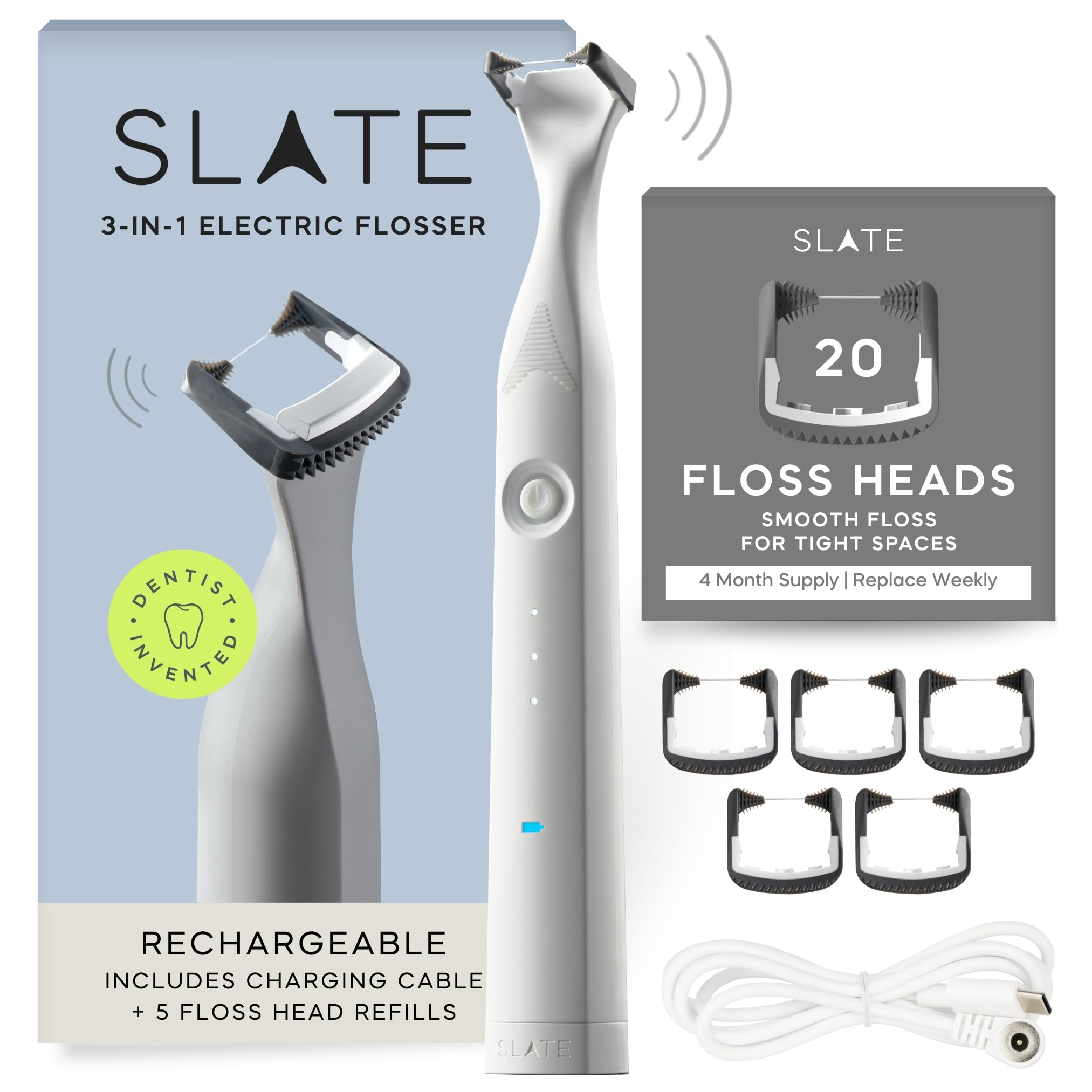 Slate Electric Flosser Starter Set 20pk Gray Refills 3-in-1 Dentist-Invented with Reusable Floss Heads Gum Brushes Tongue Scraper