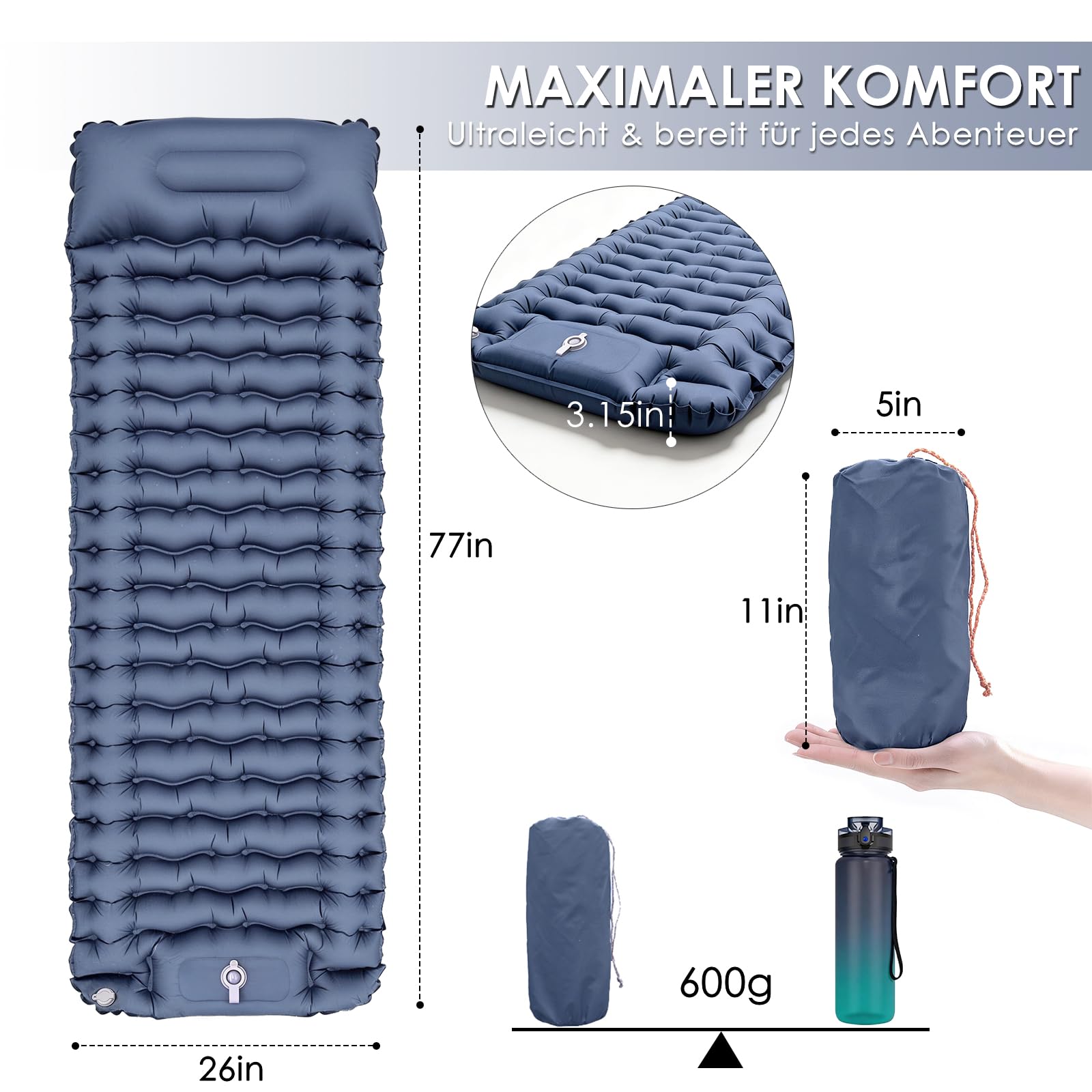 Isomatte Camping mit Fußpumpe, Ultraleichte Luftmatratze mit Kissen, 8cm Dicke Schlafmatte, Verbindbares für Einzel- oder Doppelnutzung, Wasserdicht für Camping