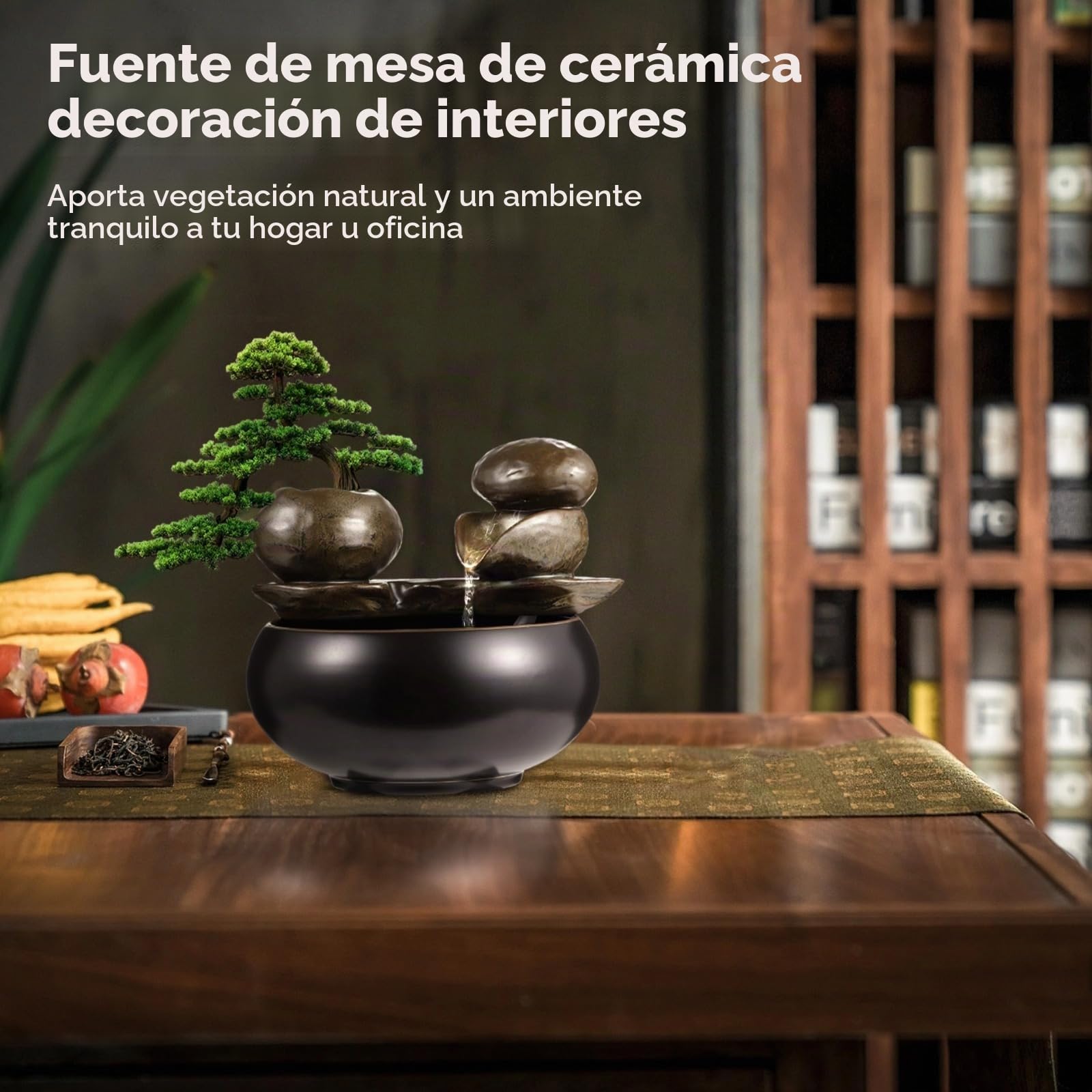 Fuente de mesa de cerámica con elemento de agua de piedra – Fuente de mesa negra brillante con diseño natural, decoración de oficina silenciosa para relajarse en casa y oficina'