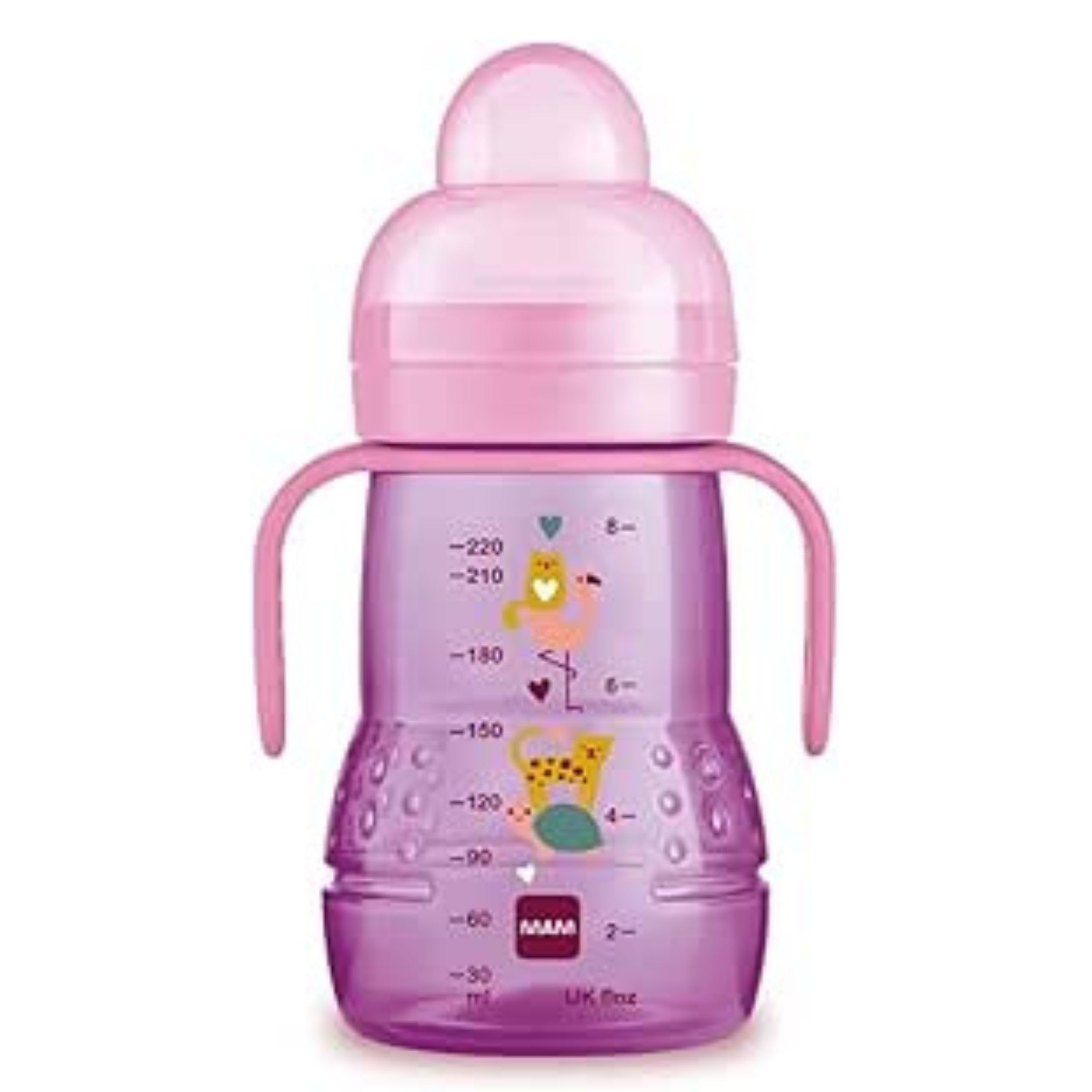 MAM Trainer 220 ml, Biberon acqua e latte per neonati 4+ mesi con tettarella antigoccia in Silicone, Borraccia neonato con beccucio extra-morbido, Accessori neonato con manici antiscivolo, Rosa