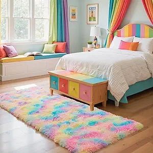 Zentavio Bedside Rugs for Girls Room 2x6 Runner Rugs for Hallway Bedroom Non Slip Fluffy Soft Shaggy Carpet for Kids Home Decor Aesthetic Dorm Nursery Rainbow