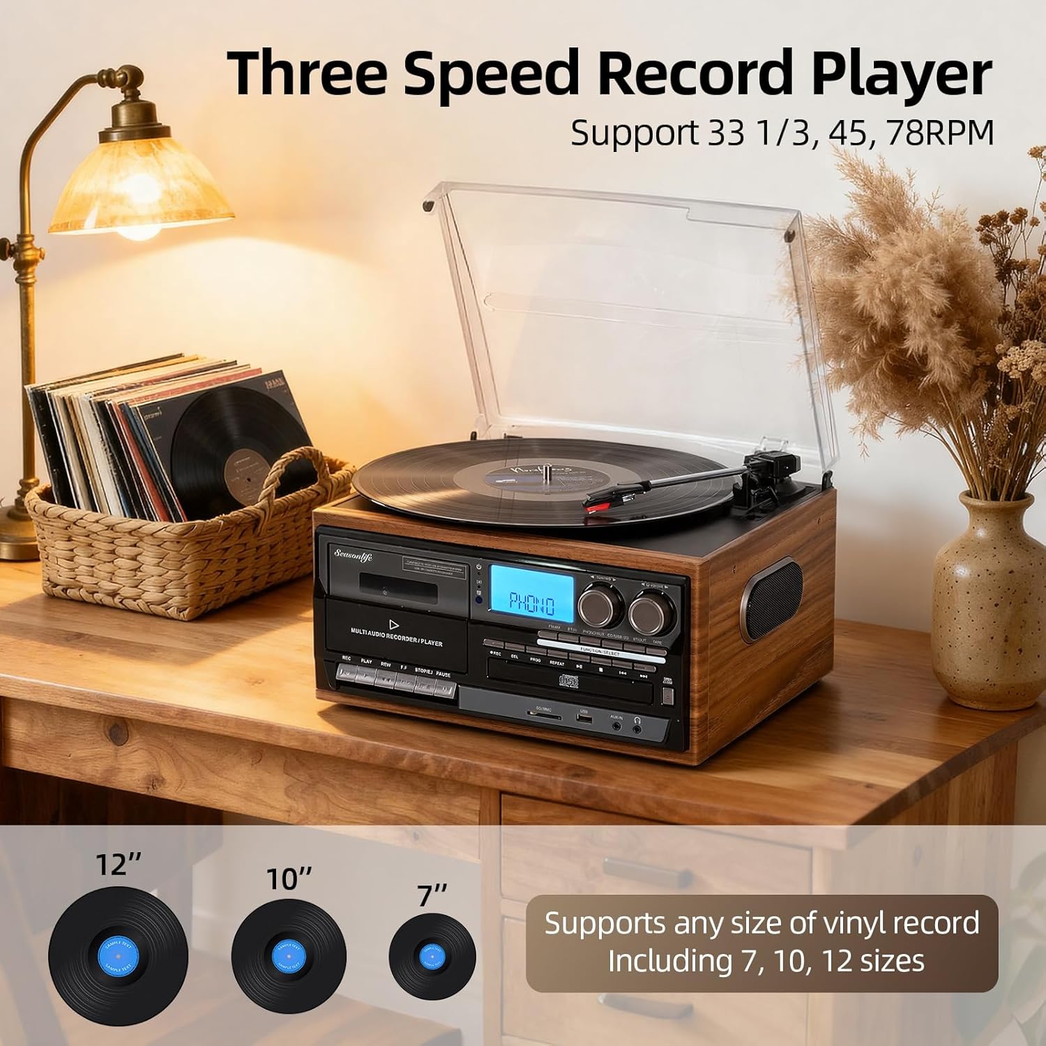 record player built-in speakers 10 in 1 vintage turntable with cd cassette tape player am fm radio function 3 speed bt input output lp player support usb sd aux rca playback auto stop retro wood brown